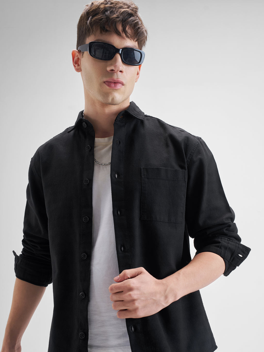 Highlander Men Black Solid Oversized Fit Casual Shirt - Black - Image 1