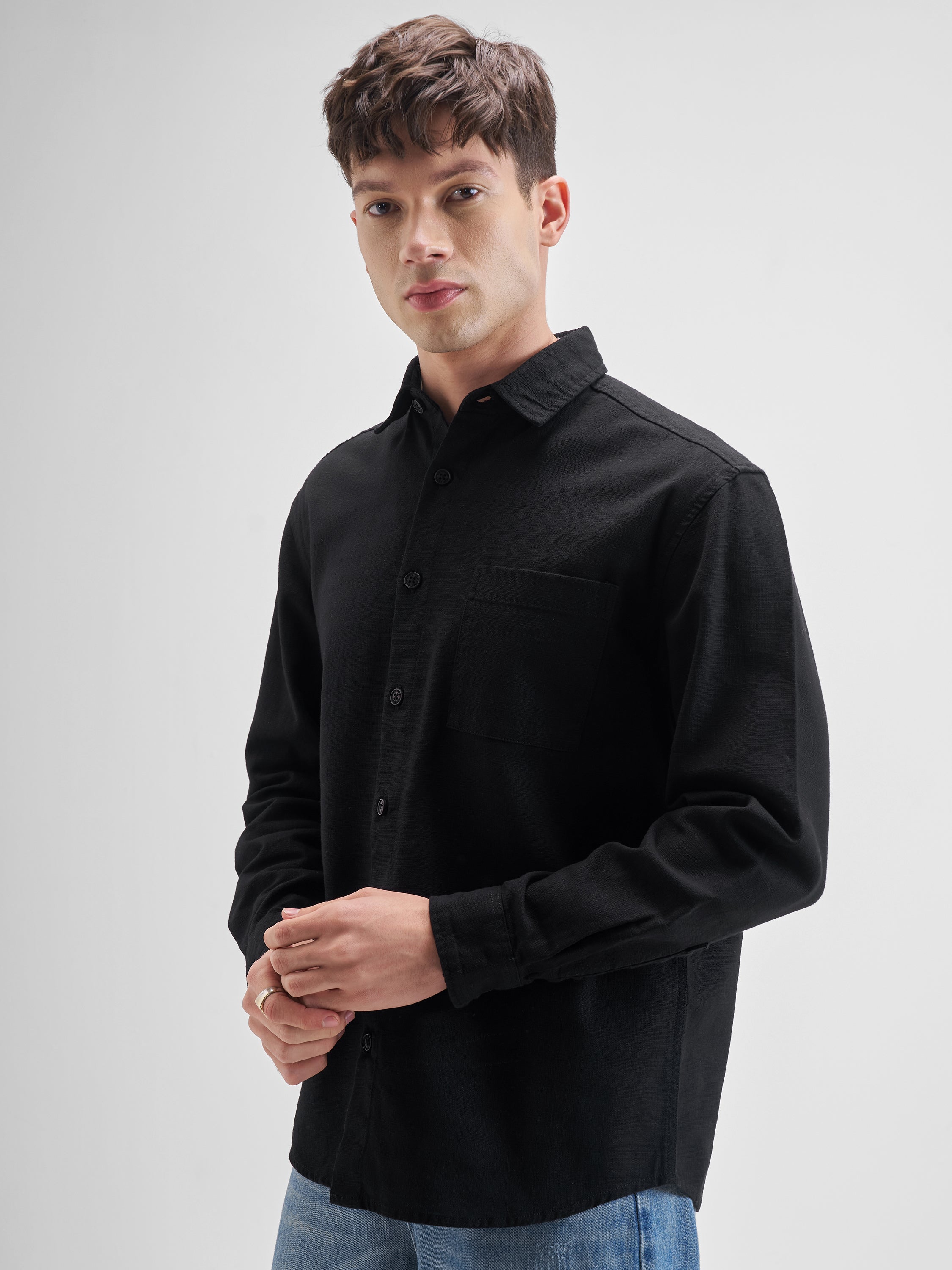 Highlander Men Black Solid Oversized Fit Casual Shirt - Black - Image 4
