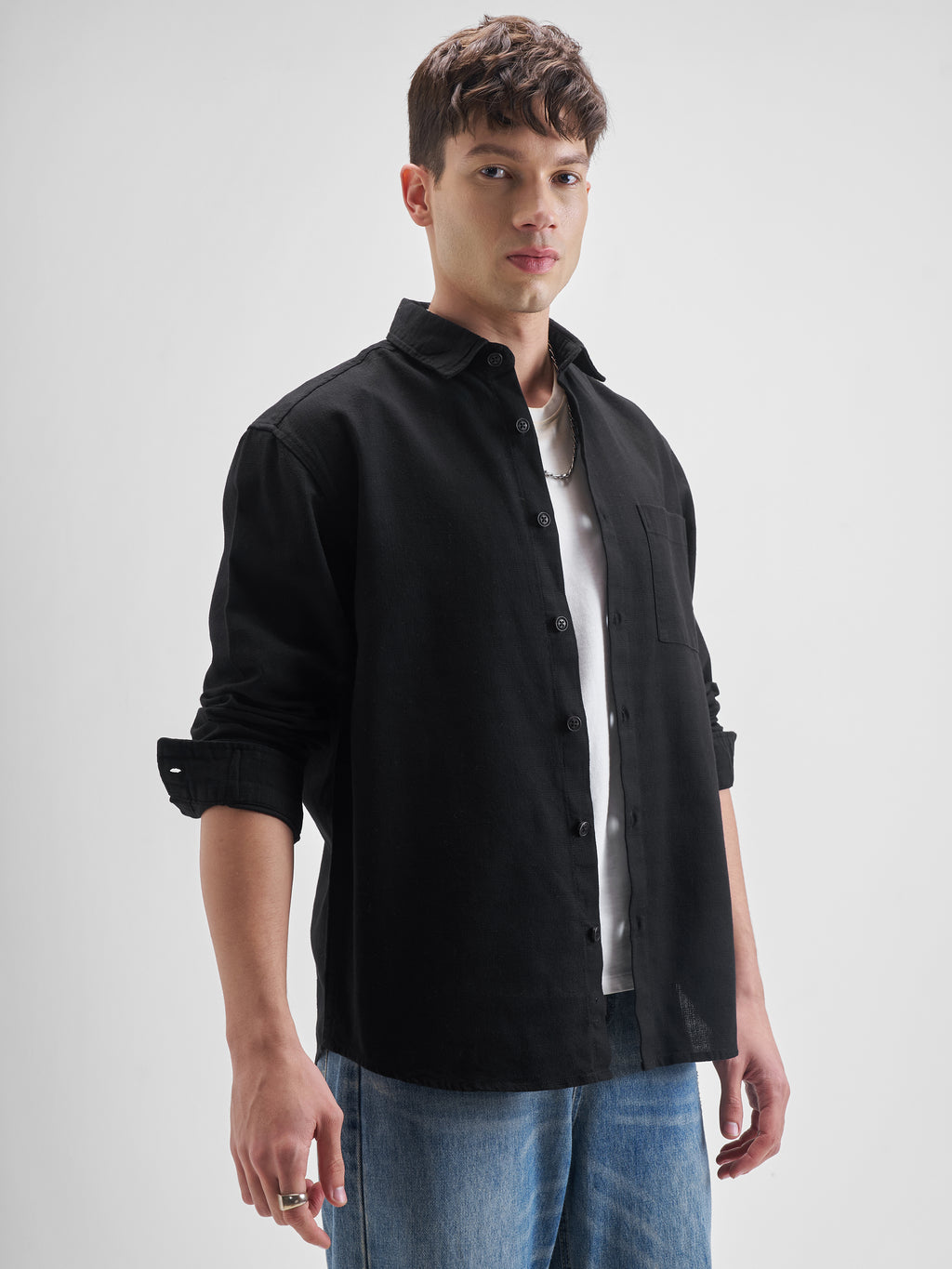 Highlander Men Black Solid Oversized Fit Casual Shirt - Black - Image 6