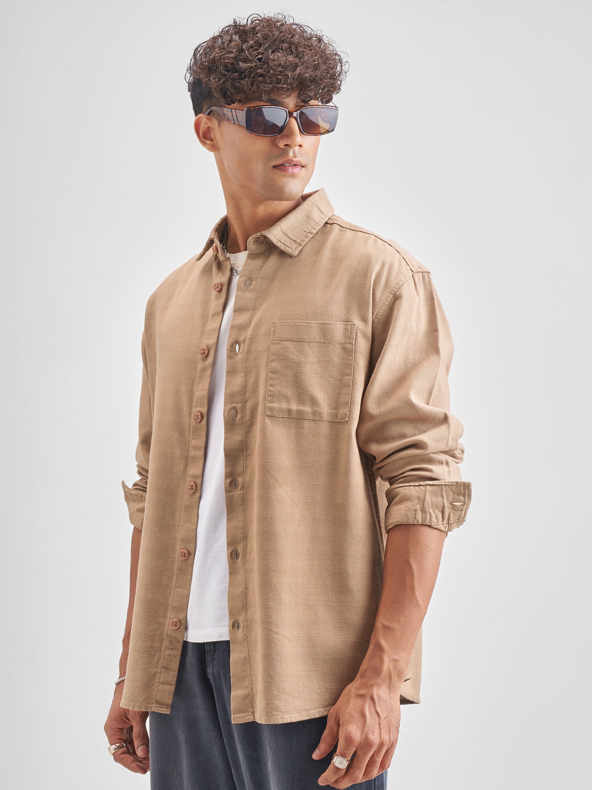 Highlander Men Khaki Solid Relaxed Fit Casual Shirt - Khaki - Image 4
