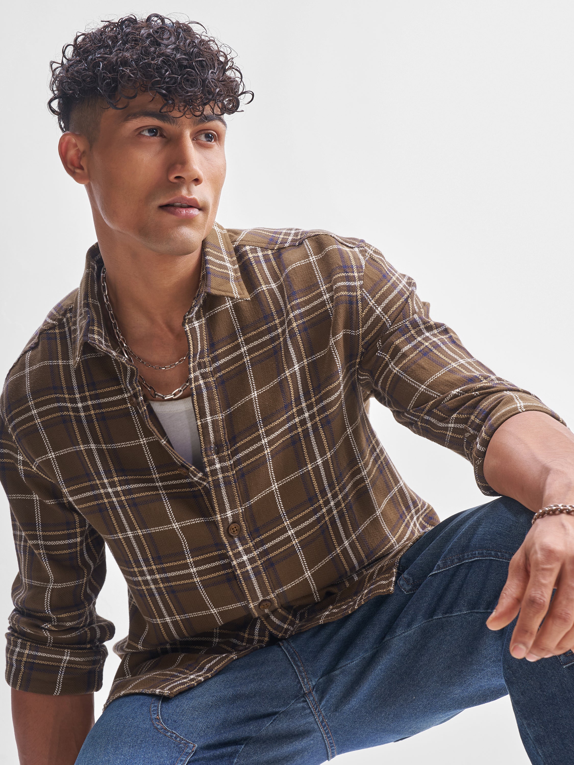 Highlander Men Brown Checked Oversized Fit Casual Shirt - Brown - Image 1