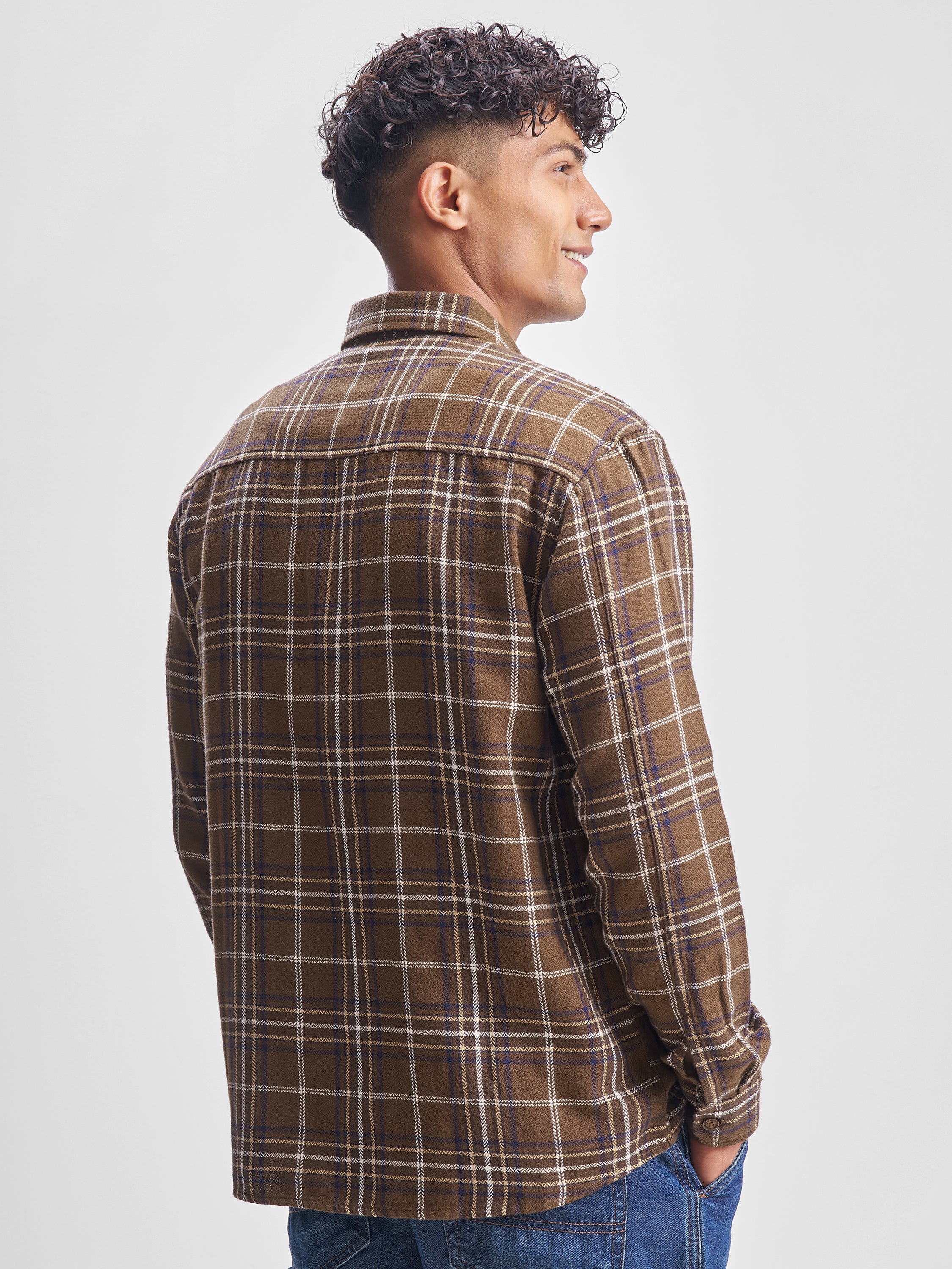Highlander Men Brown Checked Oversized Fit Casual Shirt - Brown - Image 3