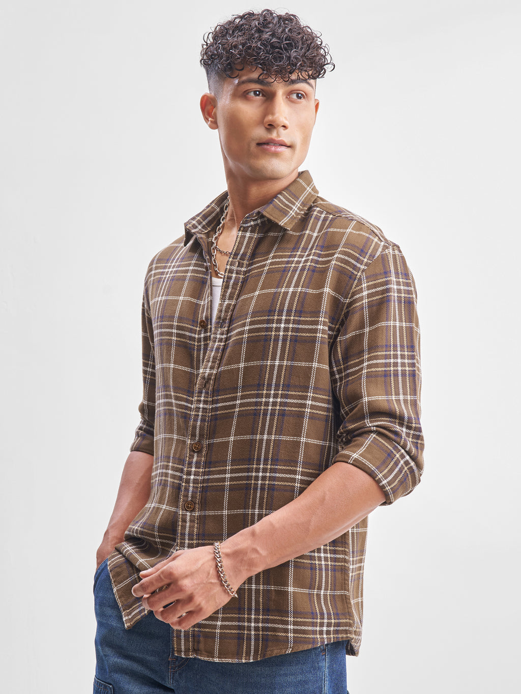 Highlander Men Brown Checked Oversized Fit Casual Shirt - Brown - Image 4