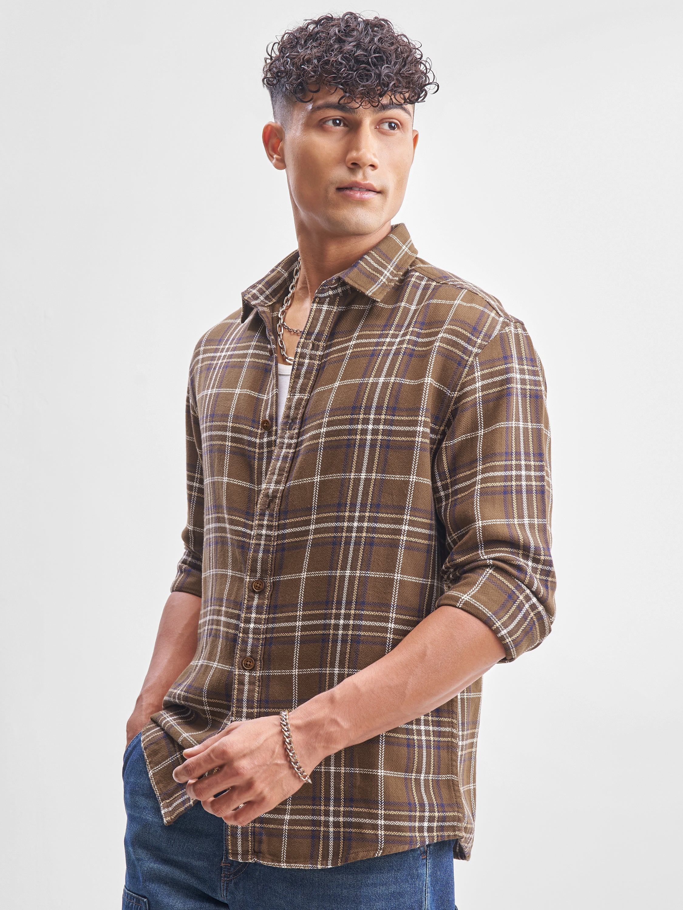 Highlander Men Brown Checked Oversized Fit Casual Shirt - Brown - Image 4