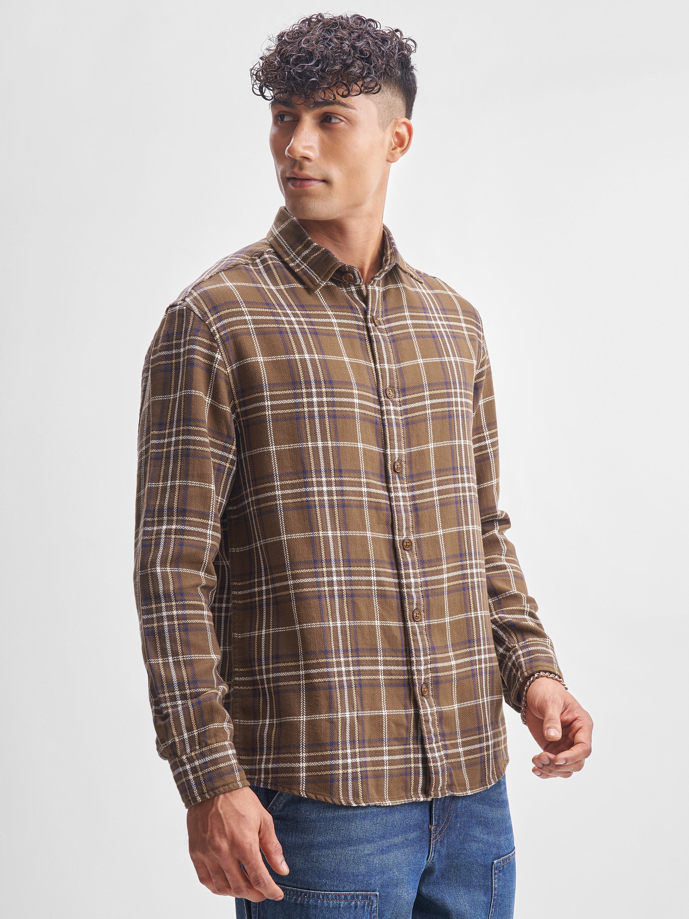 Highlander Men Brown Checked Oversized Fit Casual Shirt - Brown - Image 6