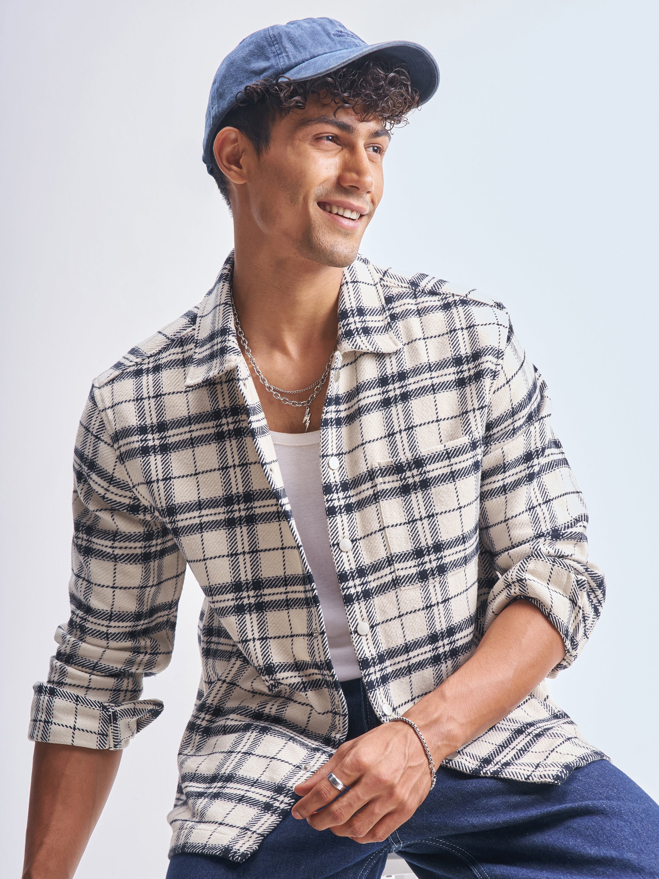 Highlander Men Cream Checked Relaxed Fit Casual Shirt - Cream - Image 1