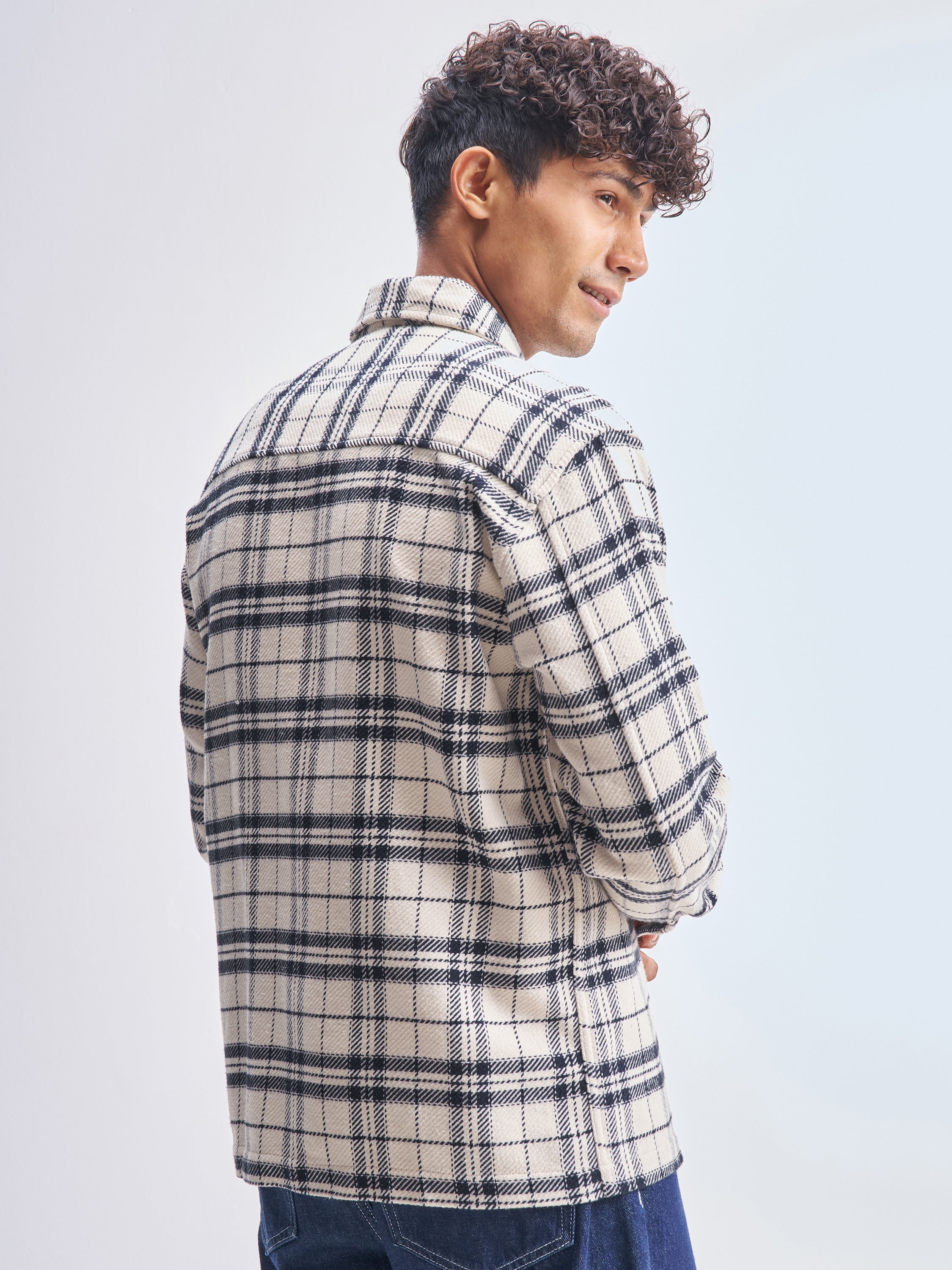 Highlander Men Cream Checked Relaxed Fit Casual Shirt - Cream - Image 3