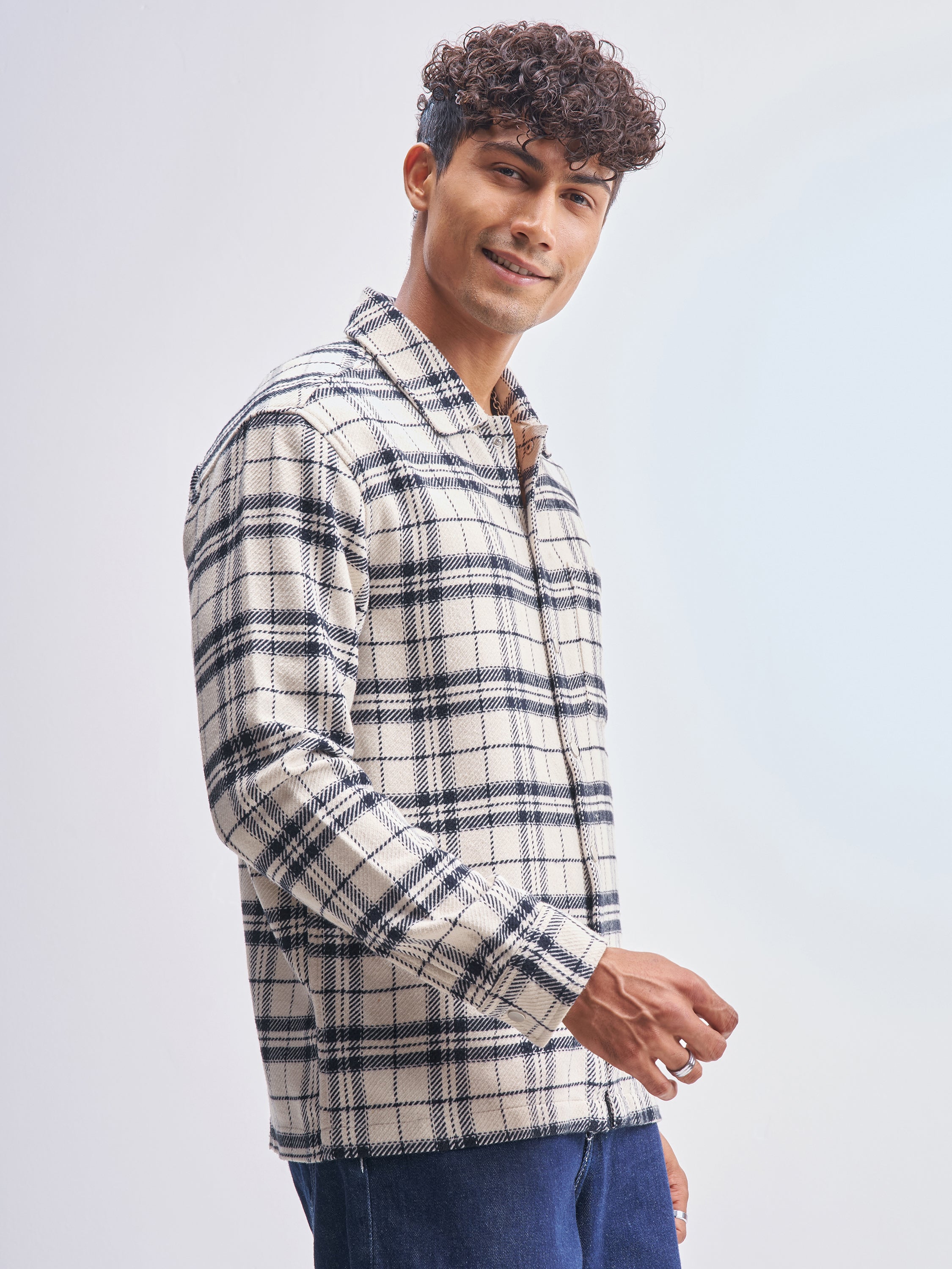 Highlander Men Cream Checked Relaxed Fit Casual Shirt - Cream - Image 6