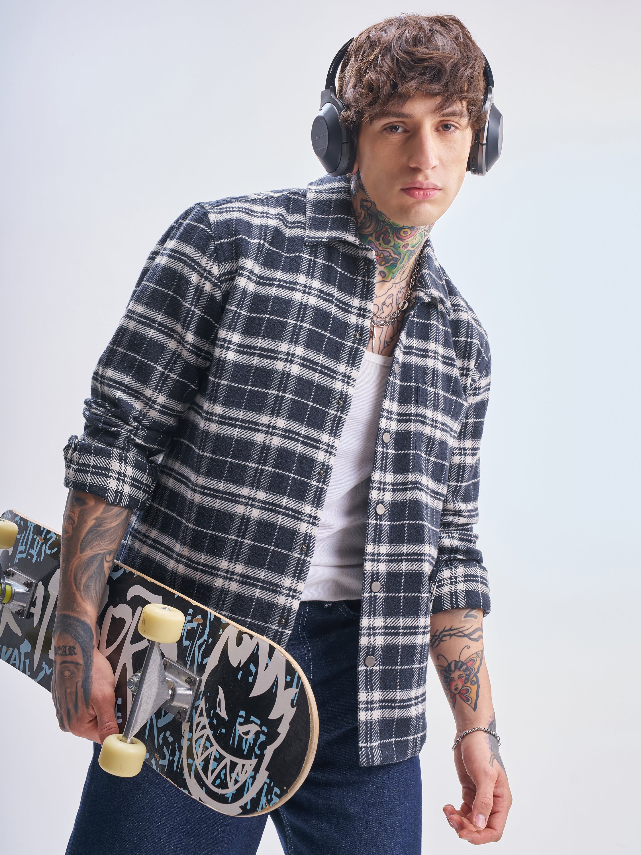 Highlander Men Navy Blue Checked Relaxed Fit Casual Shirt - Navy Blue - Image 1