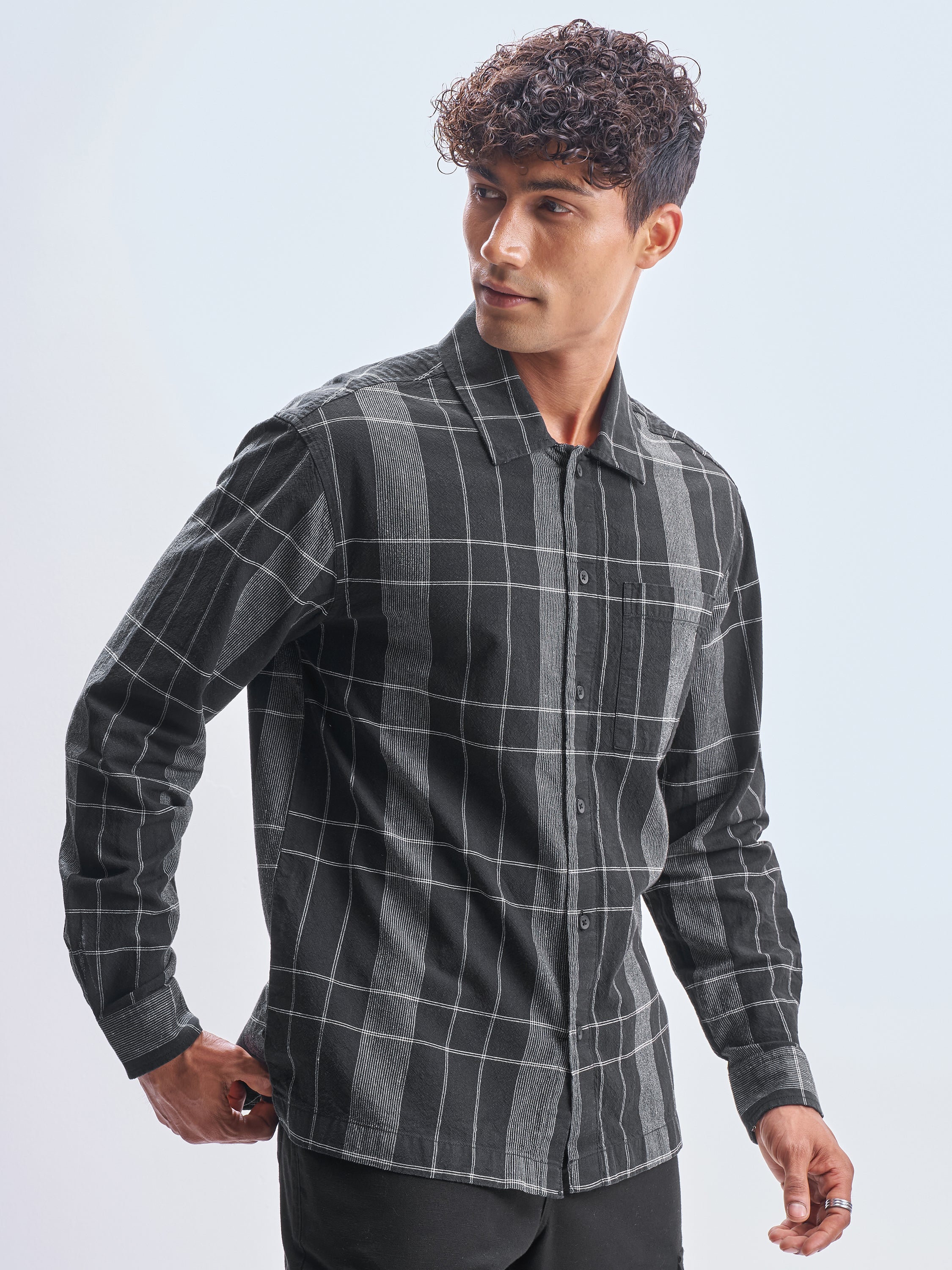 Highlander Men Black Checked Oversized Fit Casual Shirt - Black - Image 6