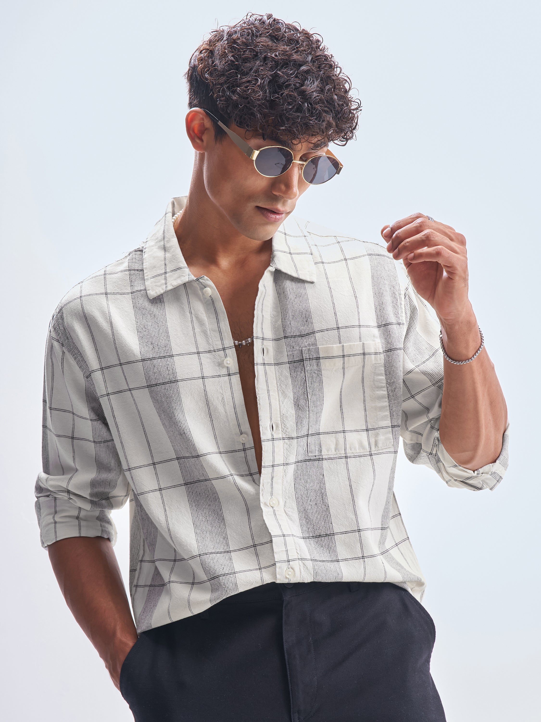 Highlander Men Cream Checked Oversized Fit Casual Shirt - Cream - Image 1