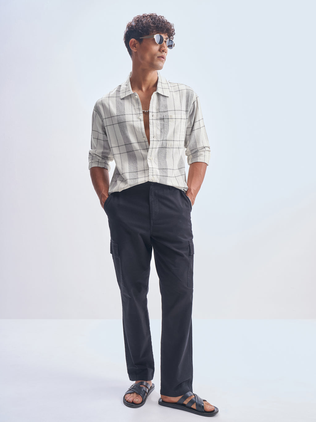 Highlander Men Cream Checked Oversized Fit Casual Shirt - Cream - Image 2