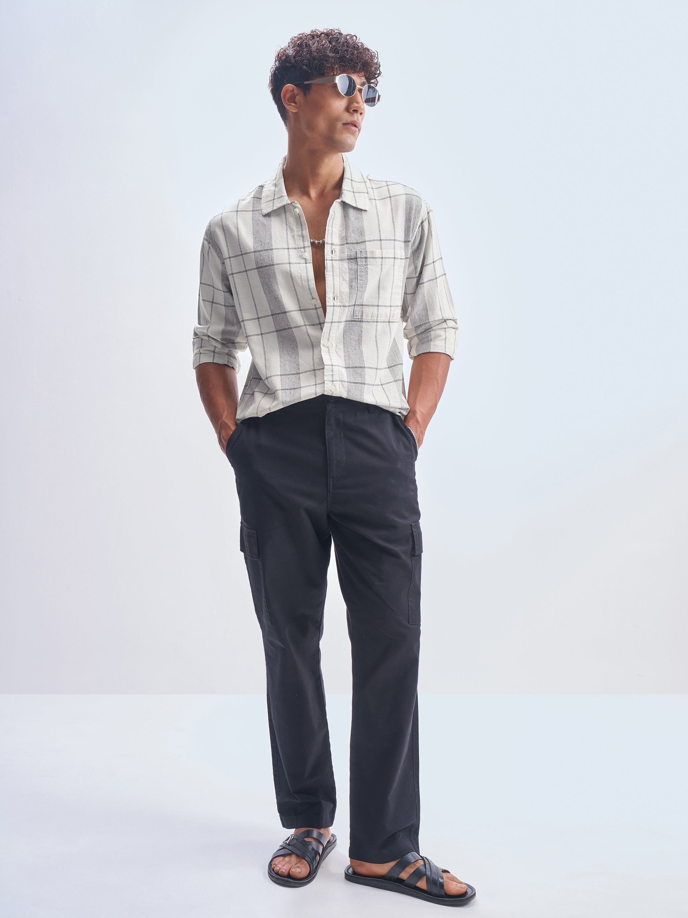 Highlander Men Cream Checked Oversized Fit Casual Shirt - Cream - Image 2