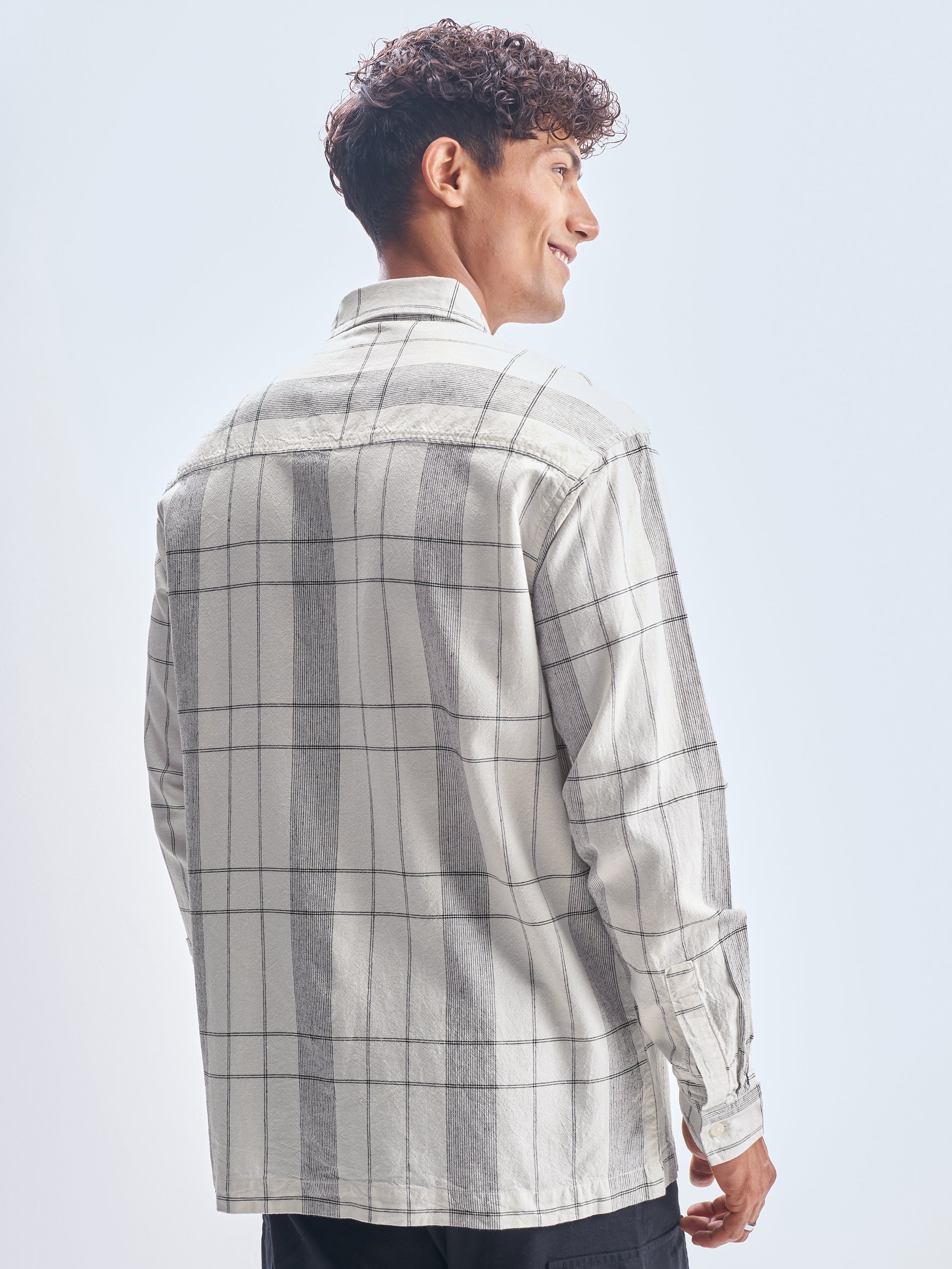 Highlander Men Cream Checked Oversized Fit Casual Shirt - Cream - Image 3