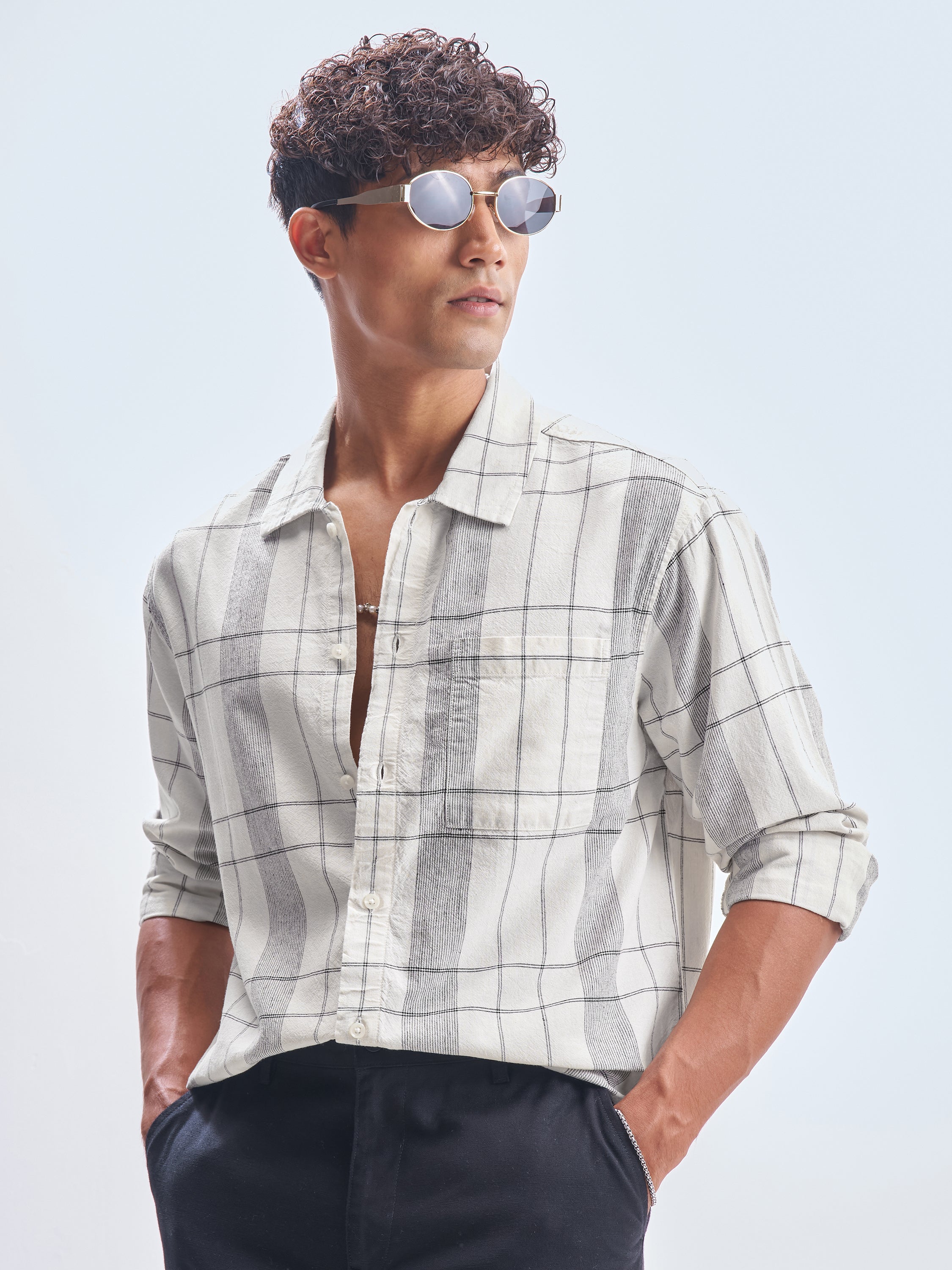 Highlander Men Cream Checked Oversized Fit Casual Shirt - Cream - Image 4