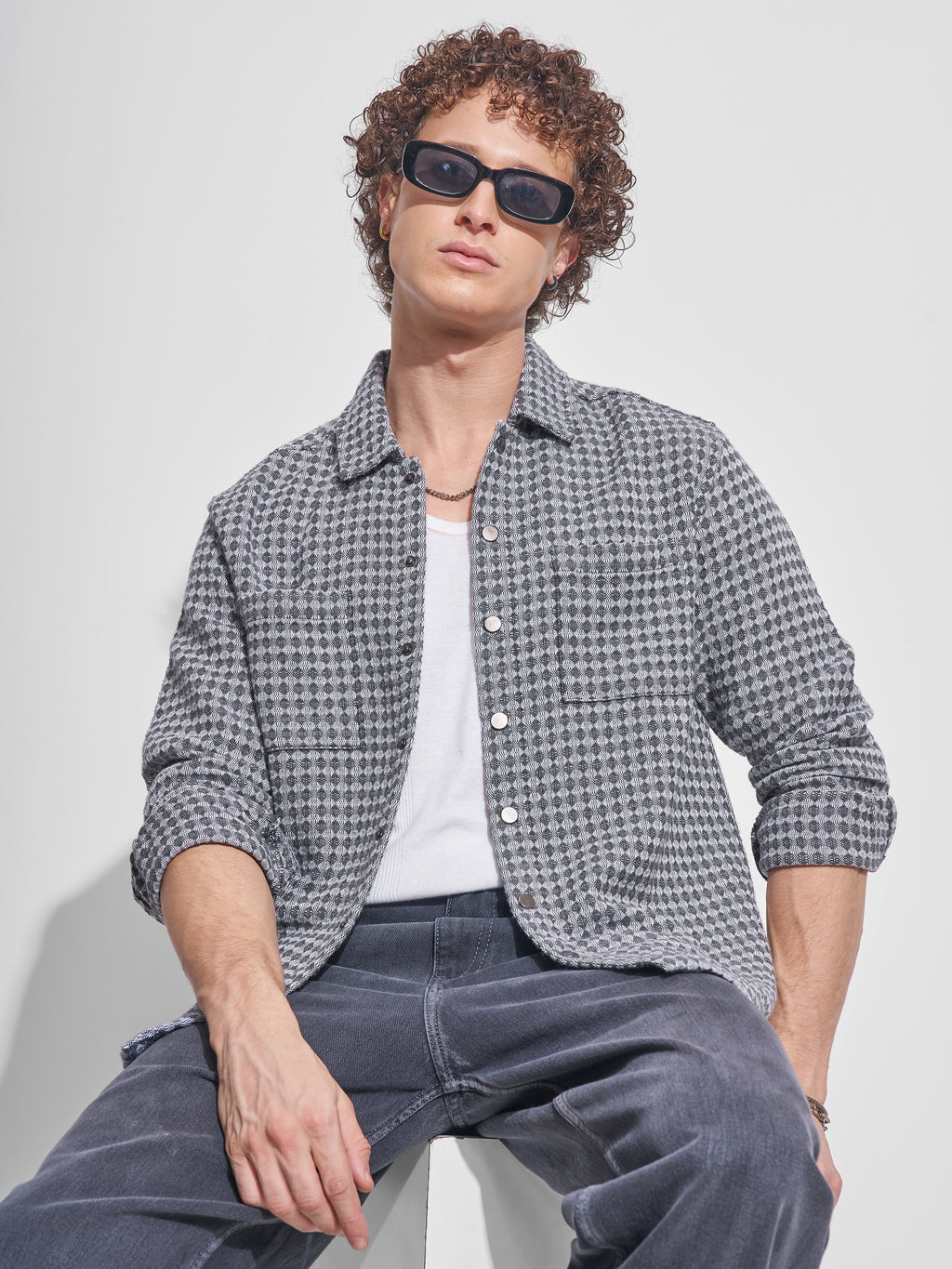 Highlander Men Grey Self Design Relaxed Fit Casual Shirt - Grey - Image 1