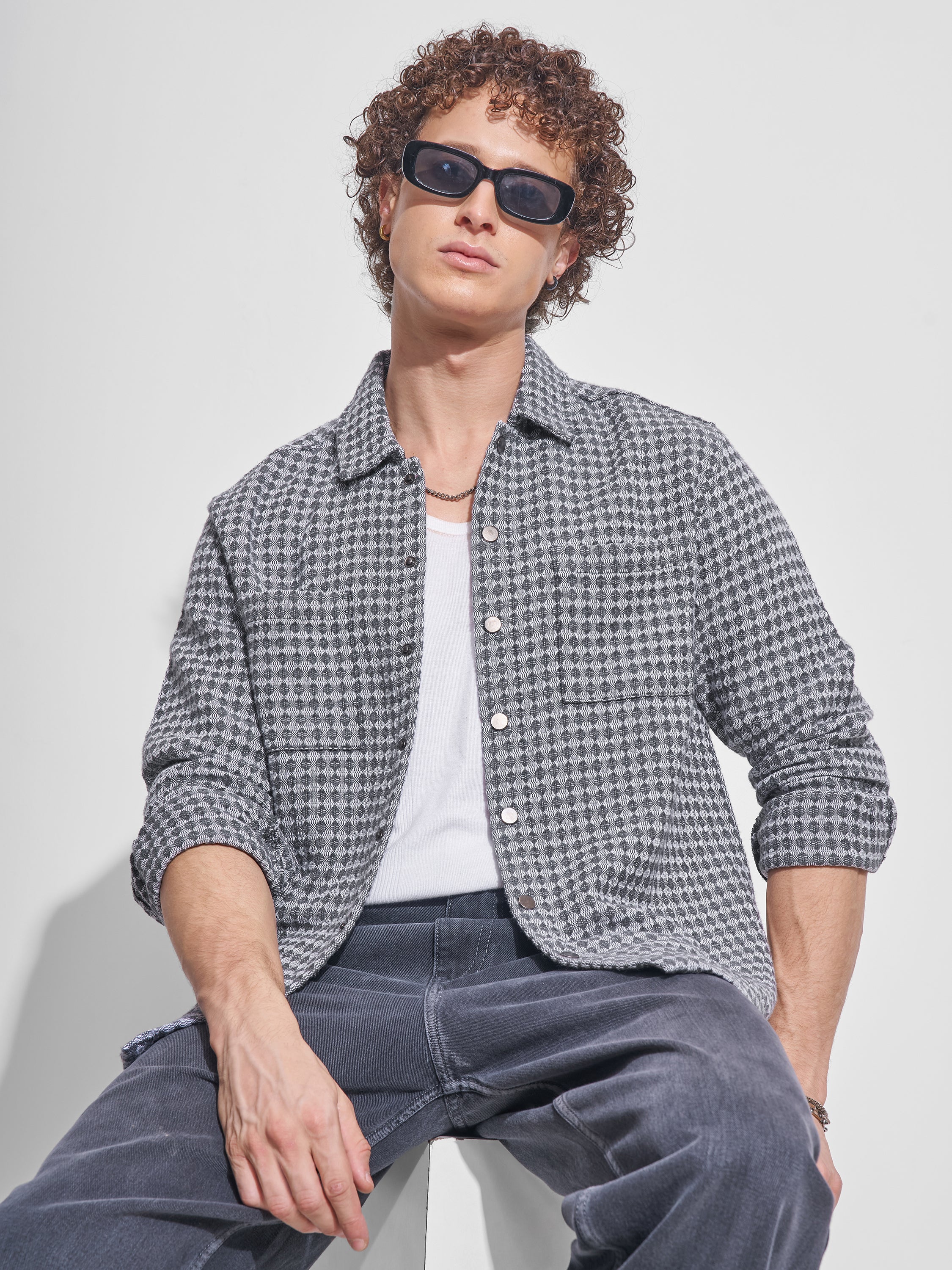 Highlander Men Grey Self Design Relaxed Fit Casual Shirt - Grey - Image 1