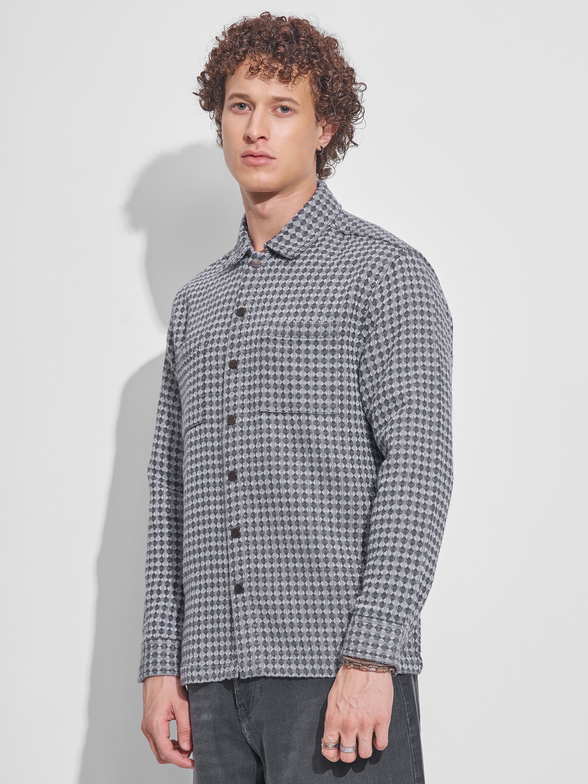 Highlander Men Grey Self Design Relaxed Fit Casual Shirt - Grey - Image 4