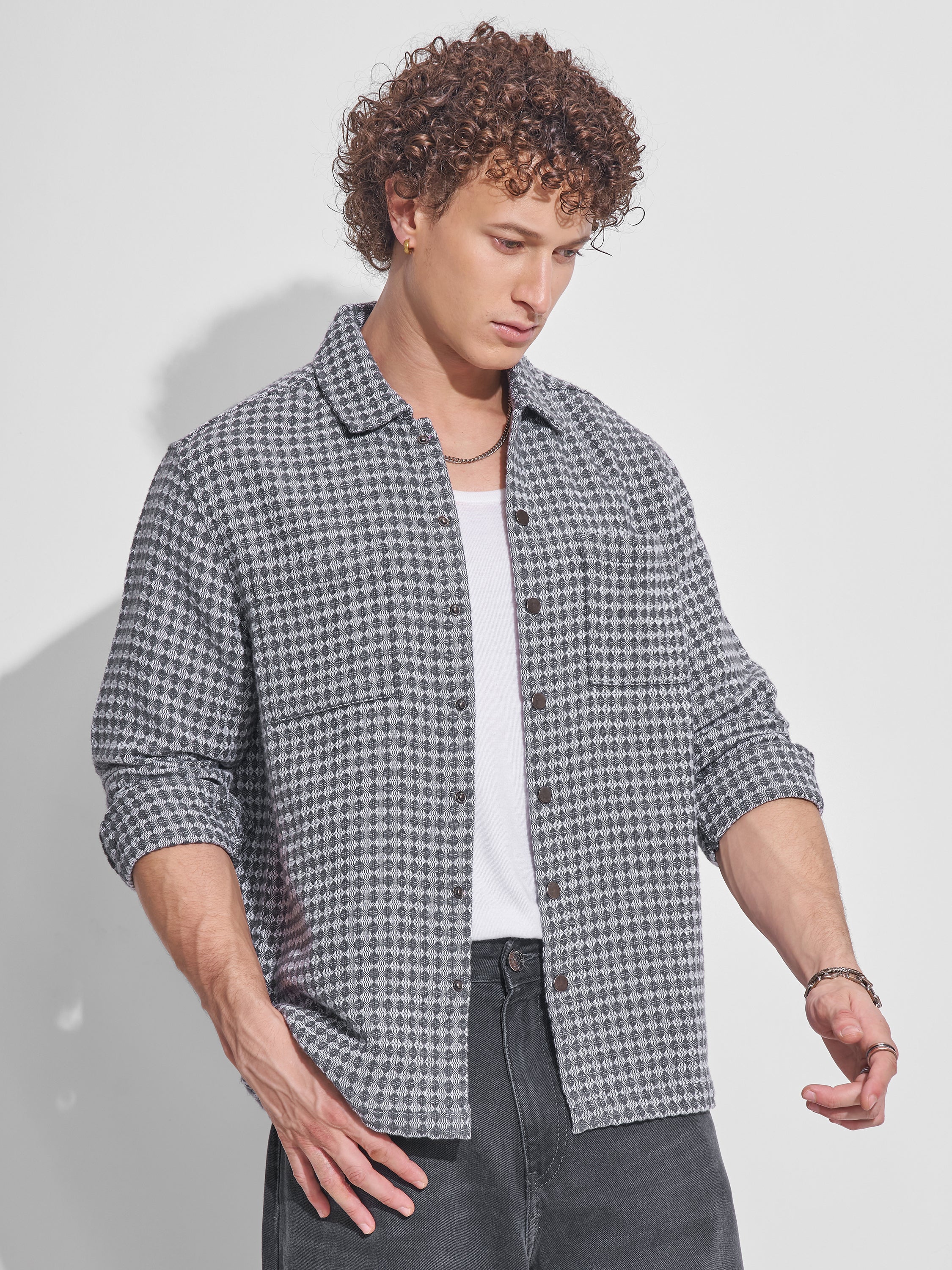 Highlander Men Grey Self Design Relaxed Fit Casual Shirt - Grey - Image 6