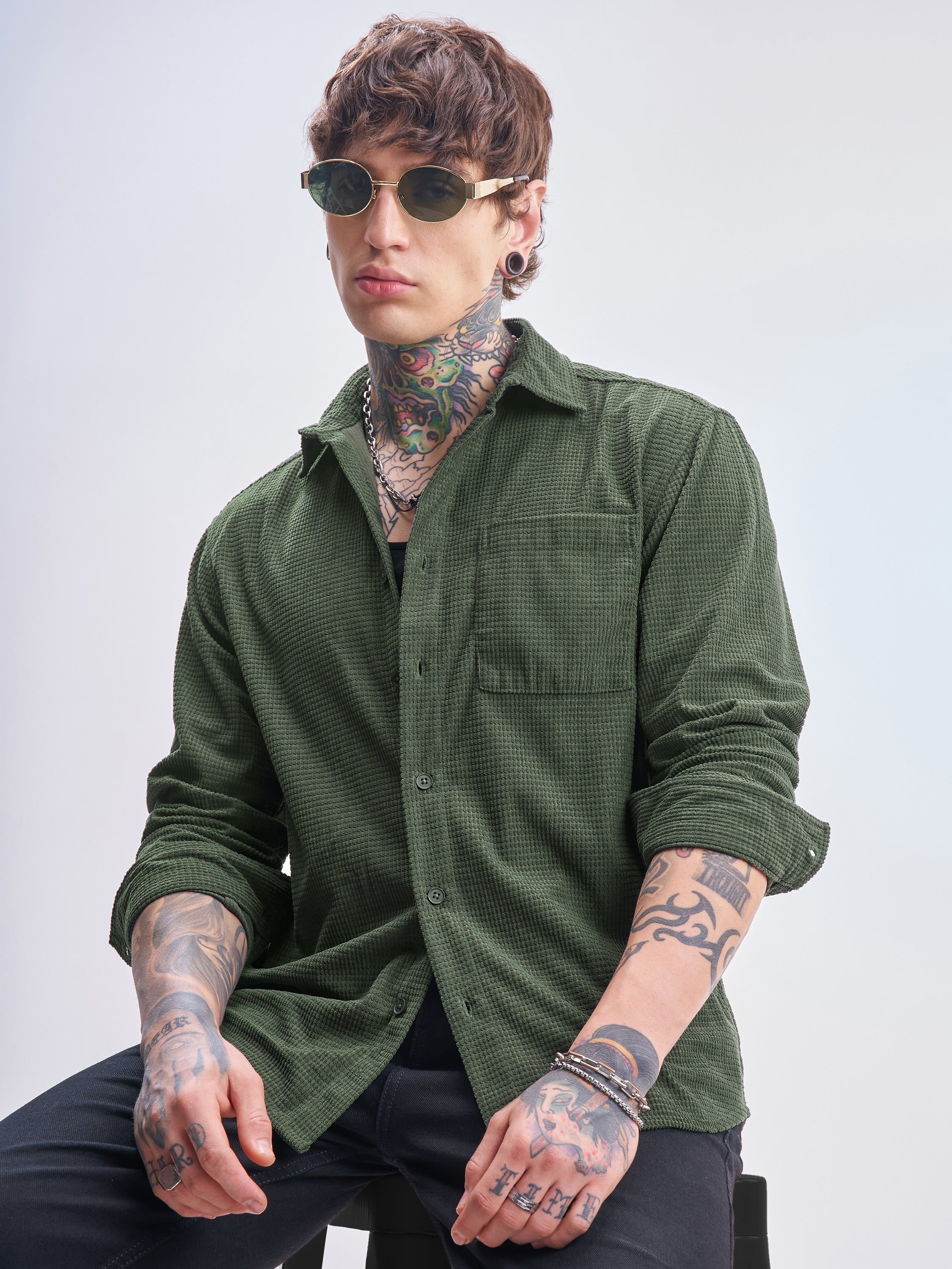 Highlander Men Green Self Design Oversized Fit Casual Shirt - Green - Image 1