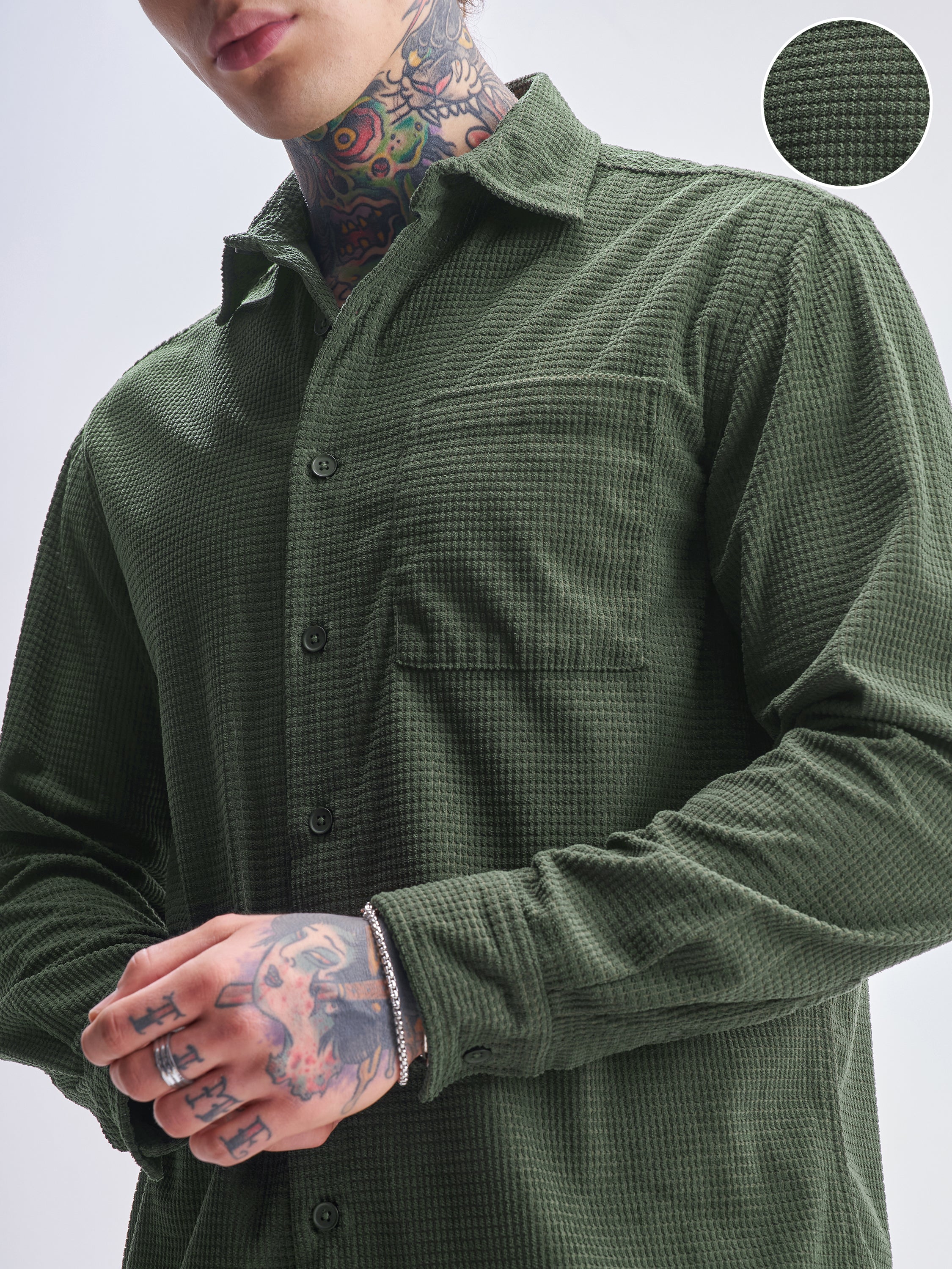 Highlander Men Green Self Design Oversized Fit Casual Shirt - Green - Image 5