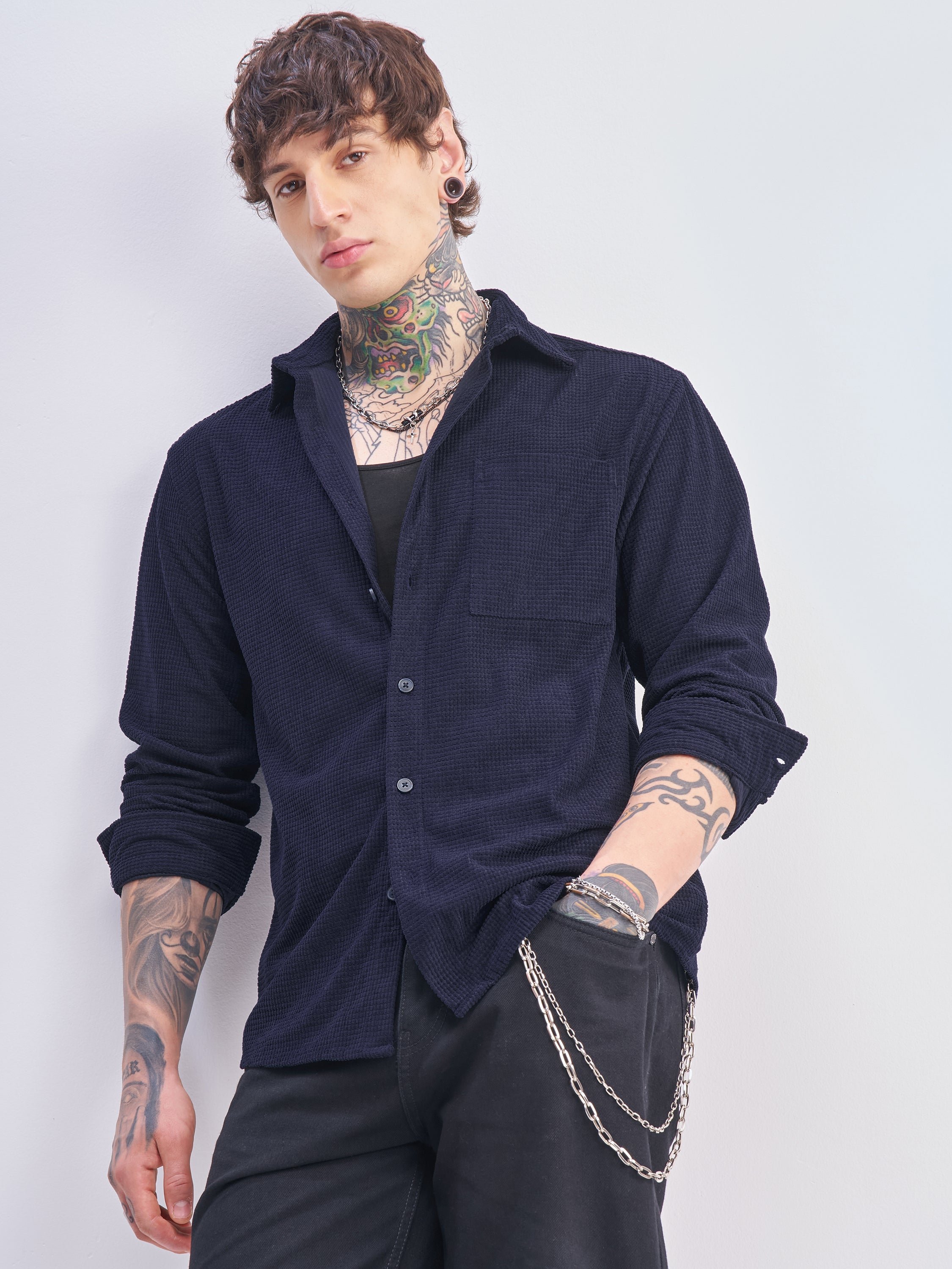 Highlander Men Navy Blue Self Design Oversized Fit Casual Shirt - Navy Blue - Image 1