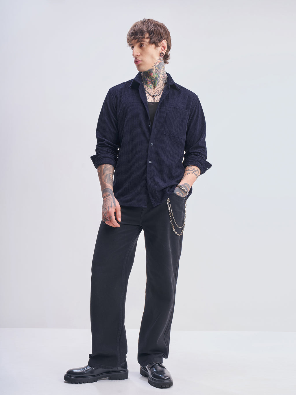 Highlander Men Navy Blue Self Design Oversized Fit Casual Shirt - Navy Blue - Image 2
