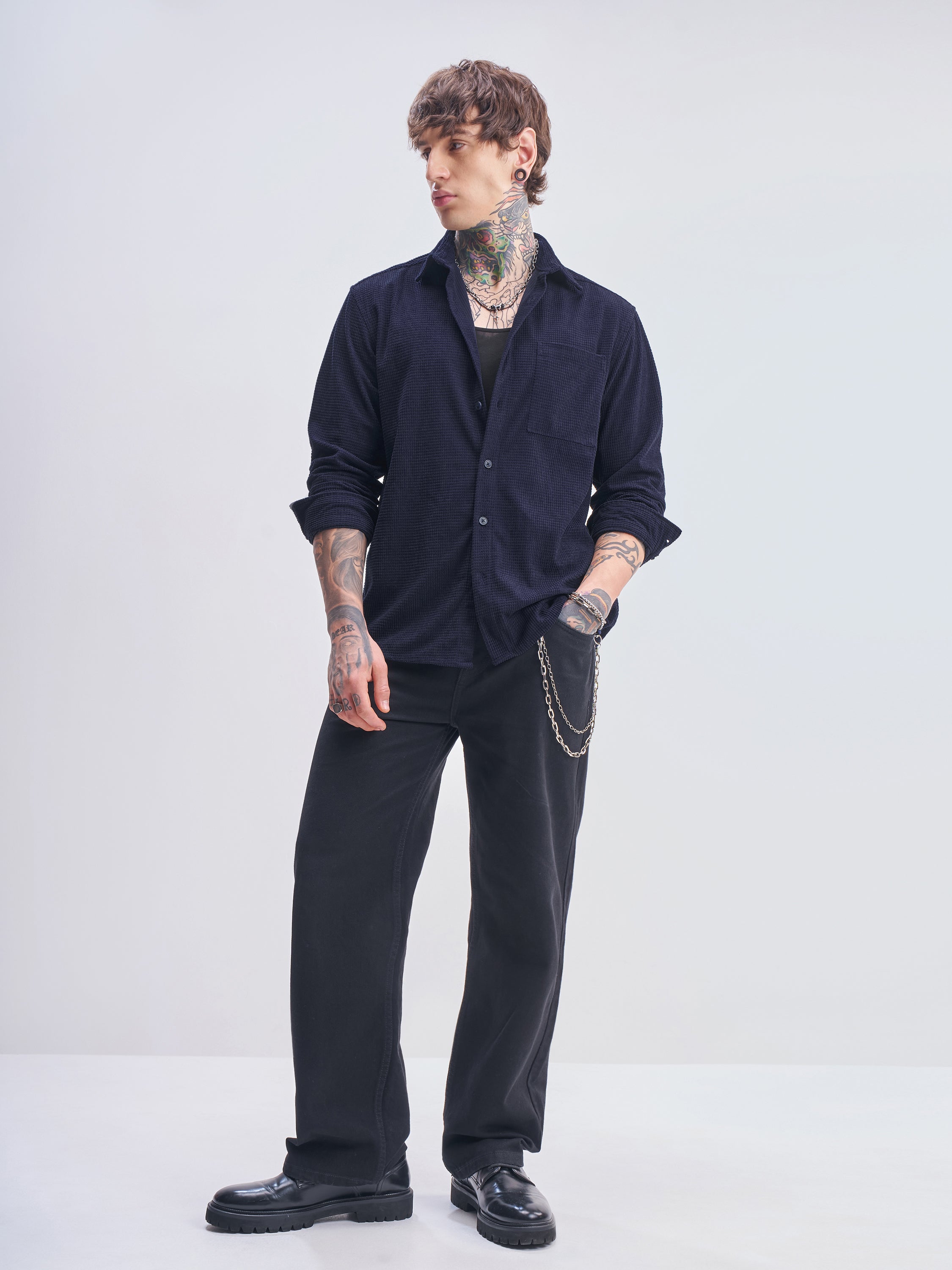Highlander Men Navy Blue Self Design Oversized Fit Casual Shirt - Navy Blue - Image 2