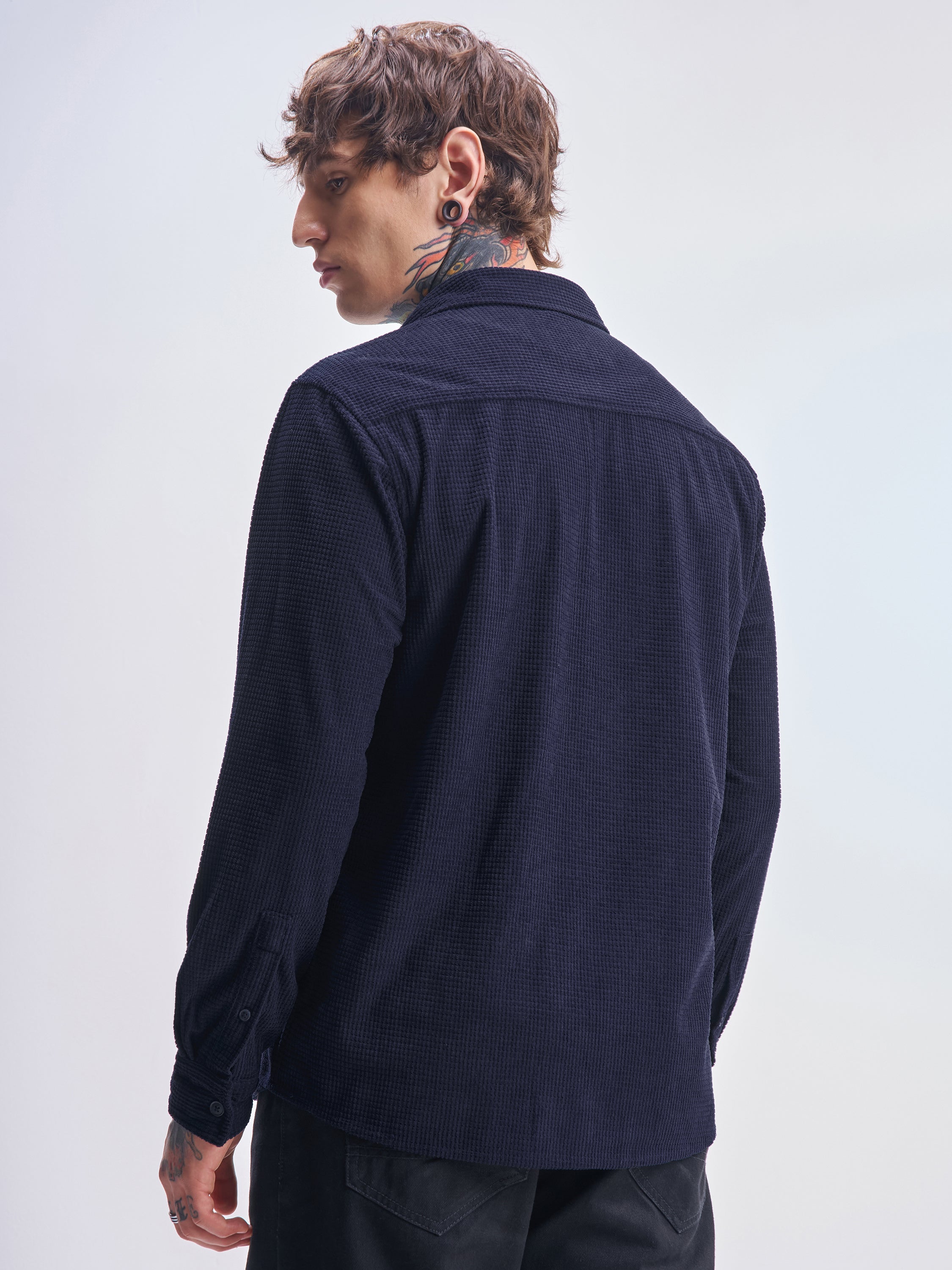 Highlander Men Navy Blue Self Design Oversized Fit Casual Shirt - Navy Blue - Image 3