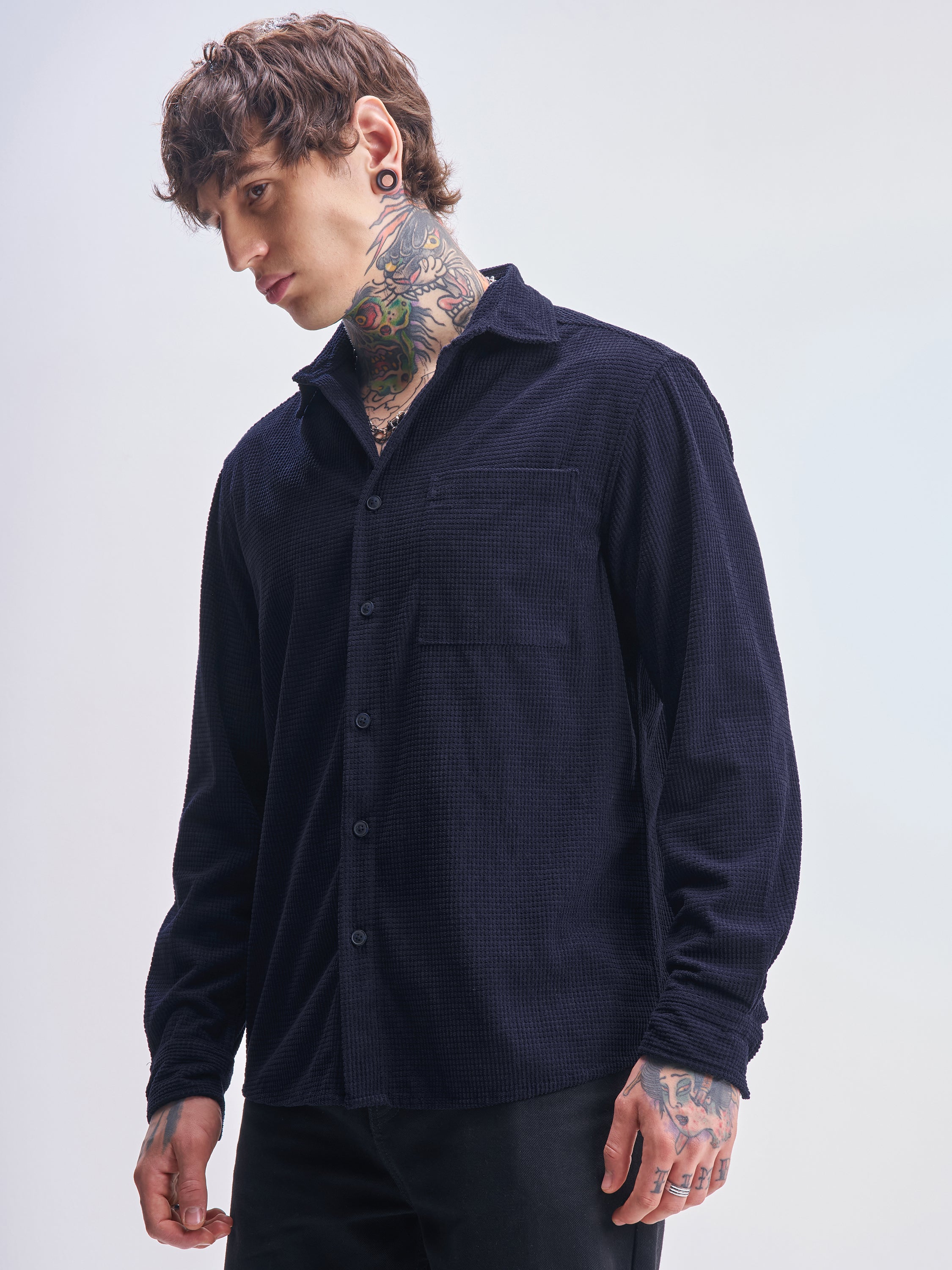 Highlander Men Navy Blue Self Design Oversized Fit Casual Shirt - Navy Blue - Image 4