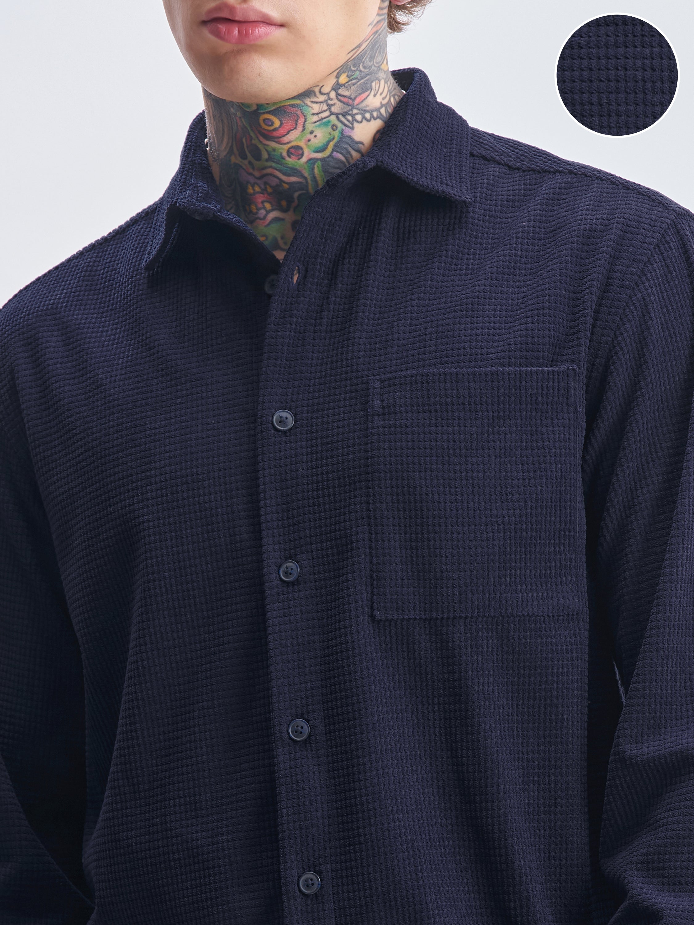 Highlander Men Navy Blue Self Design Oversized Fit Casual Shirt - Navy Blue - Image 5