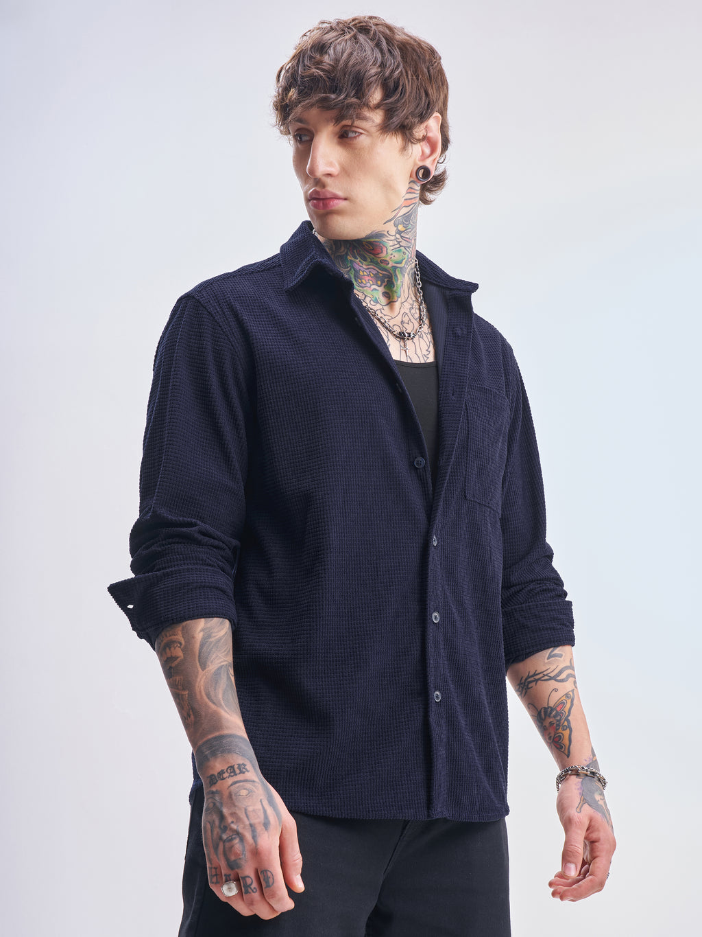 Highlander Men Navy Blue Self Design Oversized Fit Casual Shirt - Navy Blue - Image 6