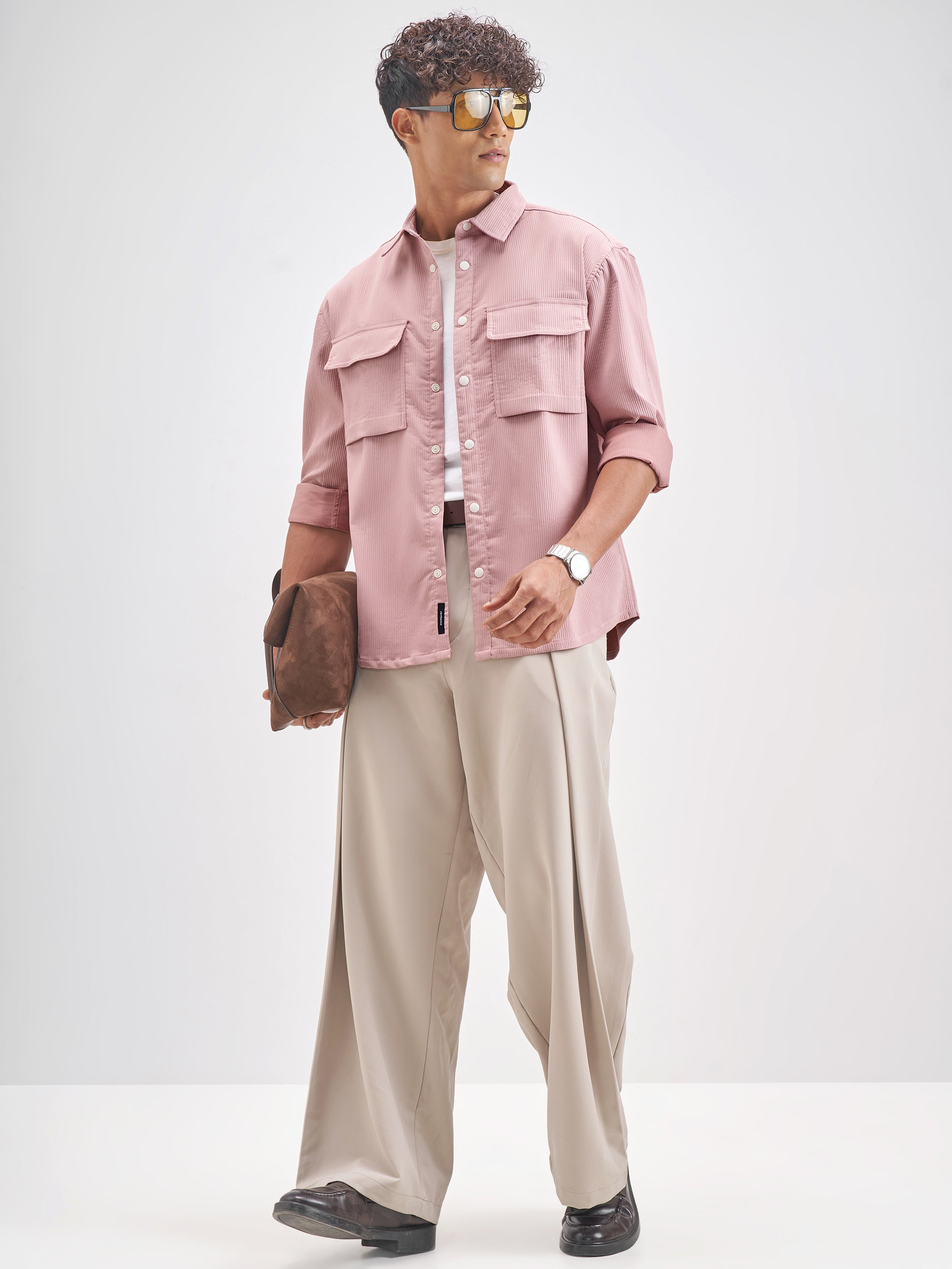 Highlander Men Rose Self Design Oversized Fit Casual Shirt - Rose - Image 2