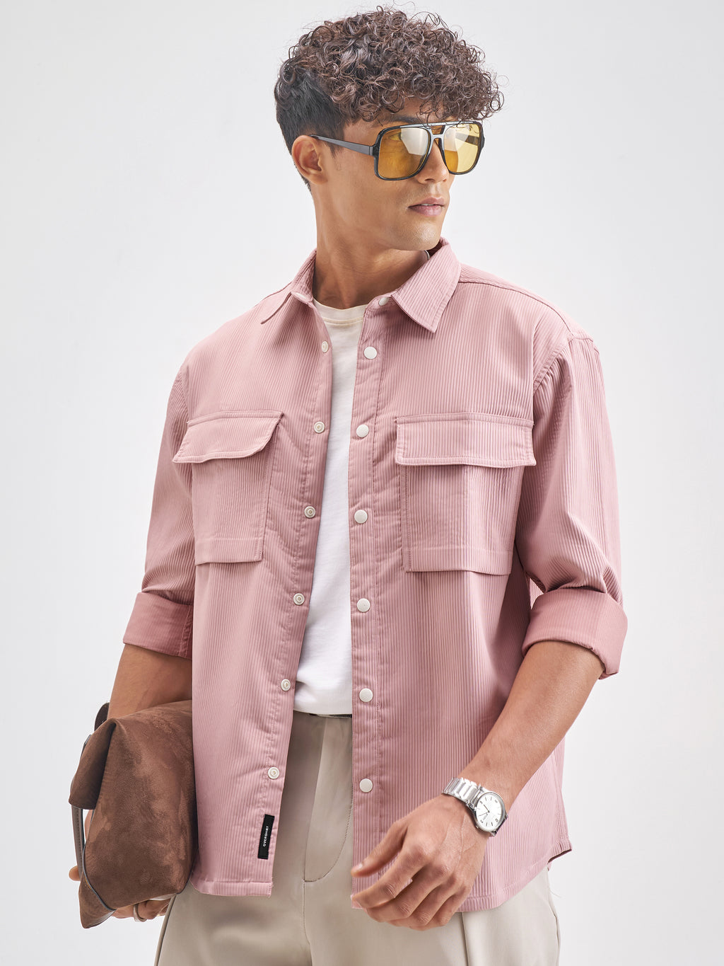 Highlander Men Rose Self Design Oversized Fit Casual Shirt - Rose - Image 4
