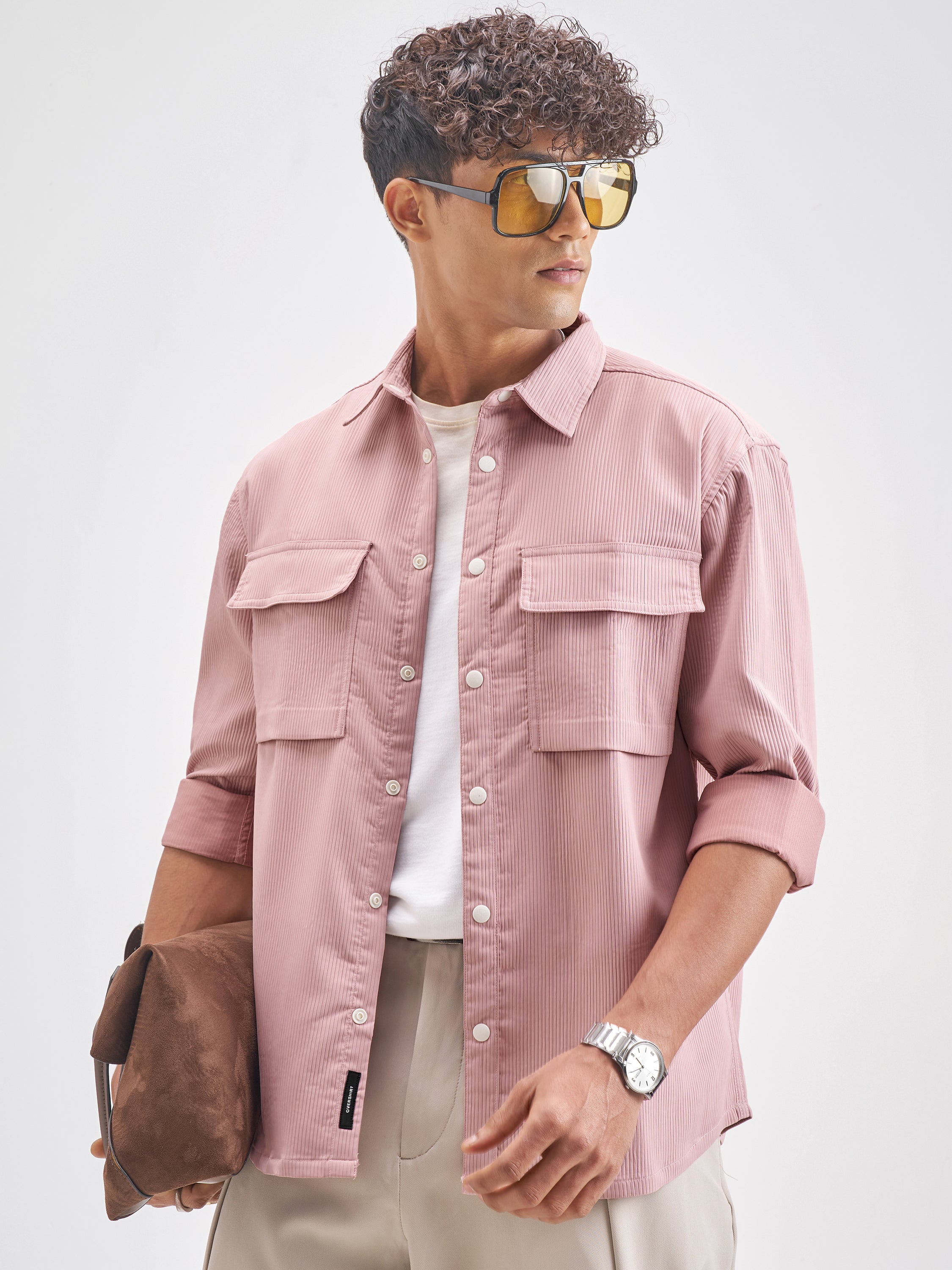 Highlander Men Rose Self Design Oversized Fit Casual Shirt - Rose - Image 4