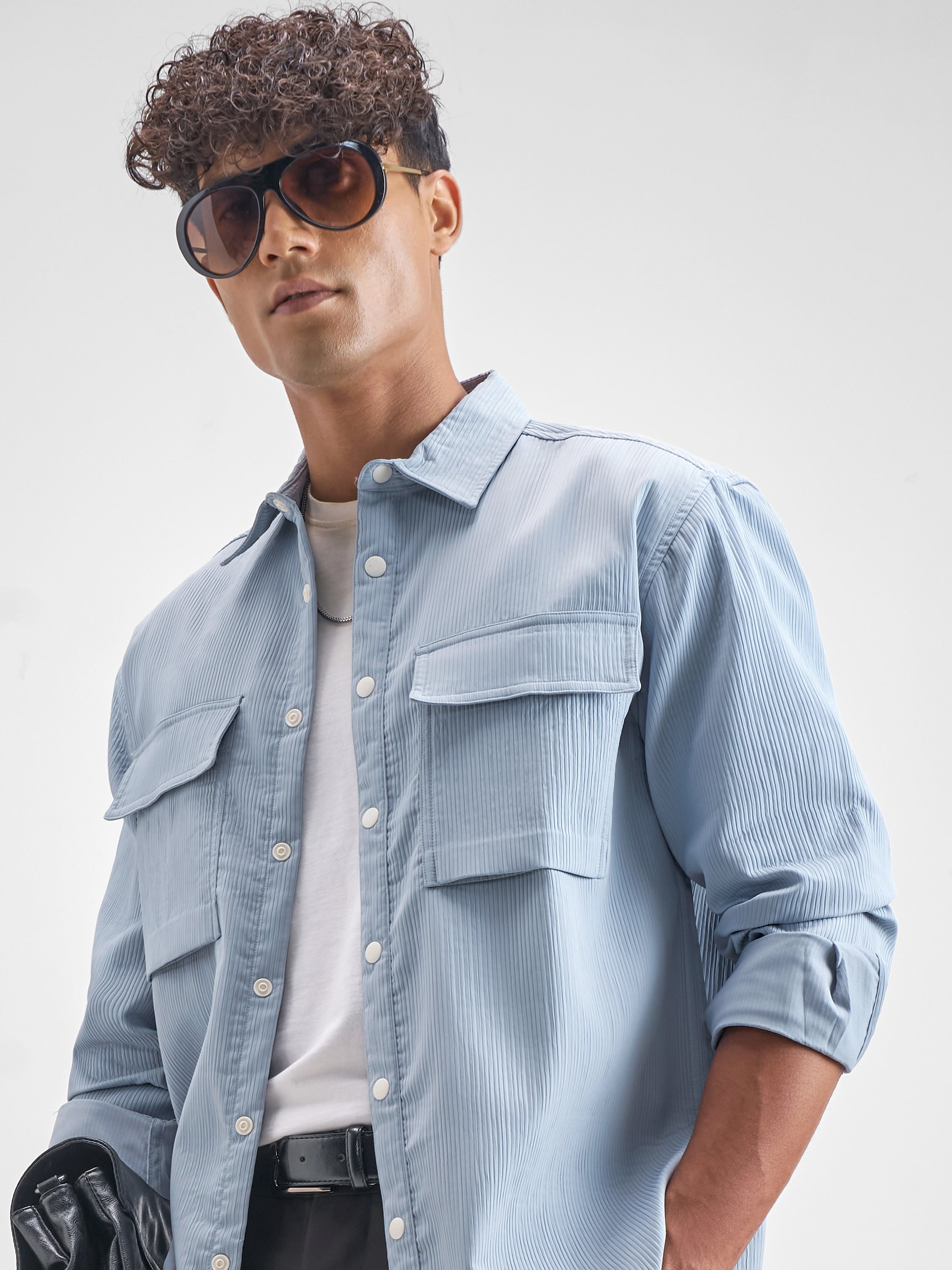 Highlander Men Blue Self Design Oversized Fit Casual Shirt - Blue - Image 1