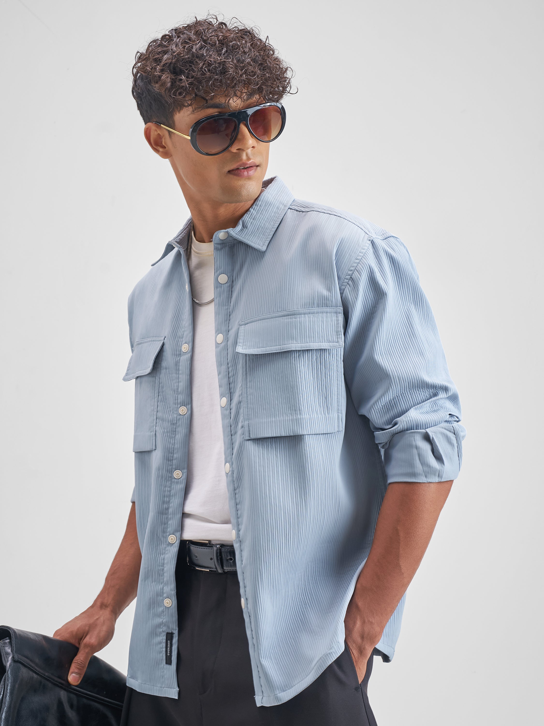 Highlander Men Blue Self Design Oversized Fit Casual Shirt - Blue - Image 4