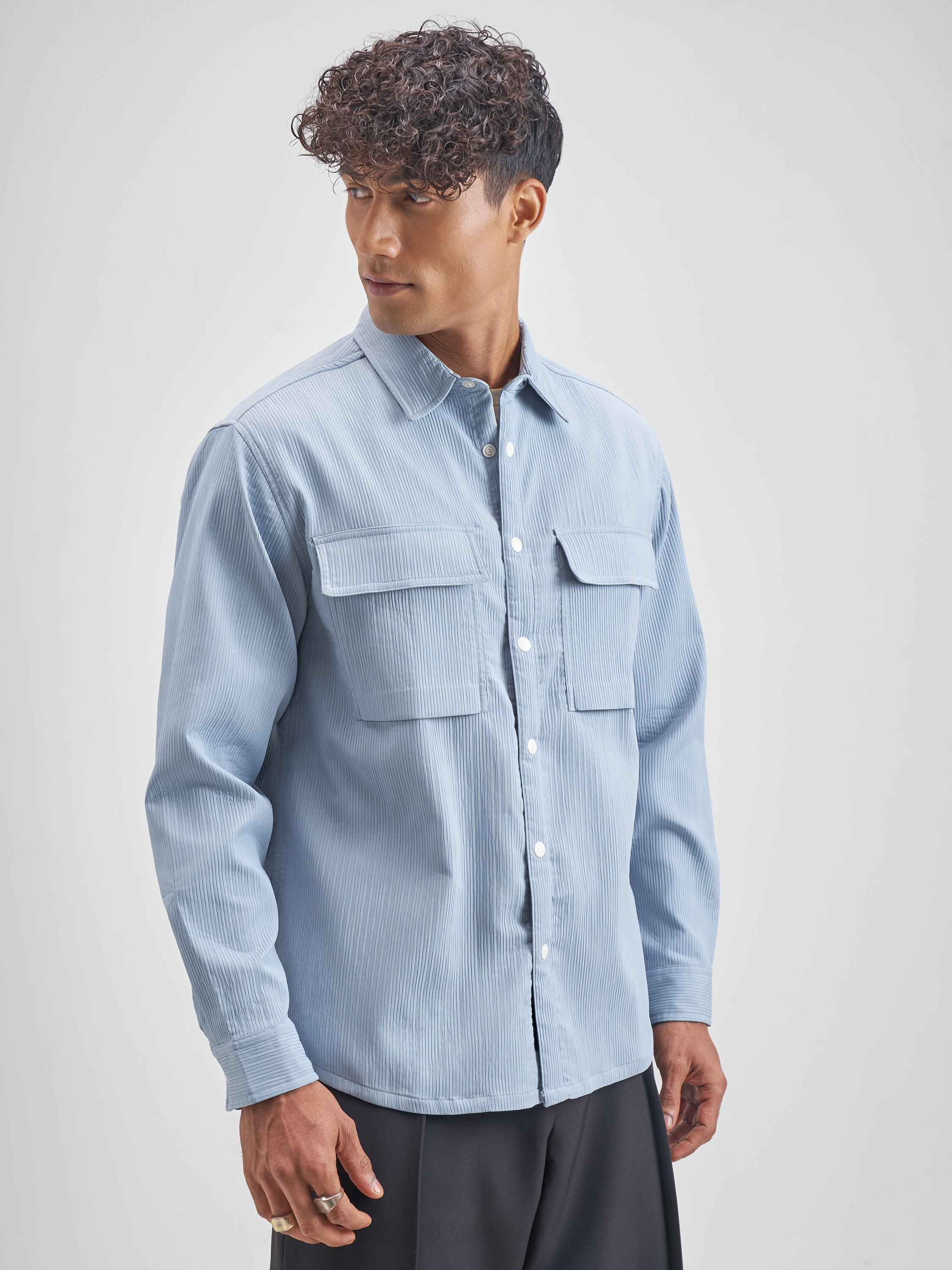 Highlander Men Blue Self Design Oversized Fit Casual Shirt - Blue - Image 6