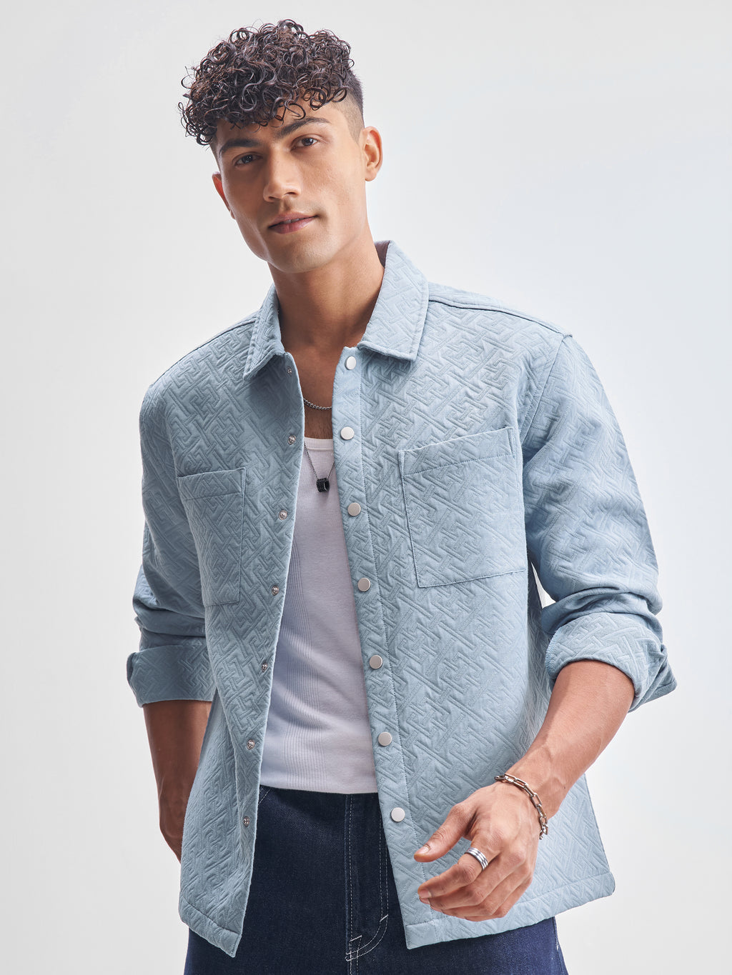 Highlander Men Blue Self Design Relaxed Fit Casual Shirt - Blue - Image 1
