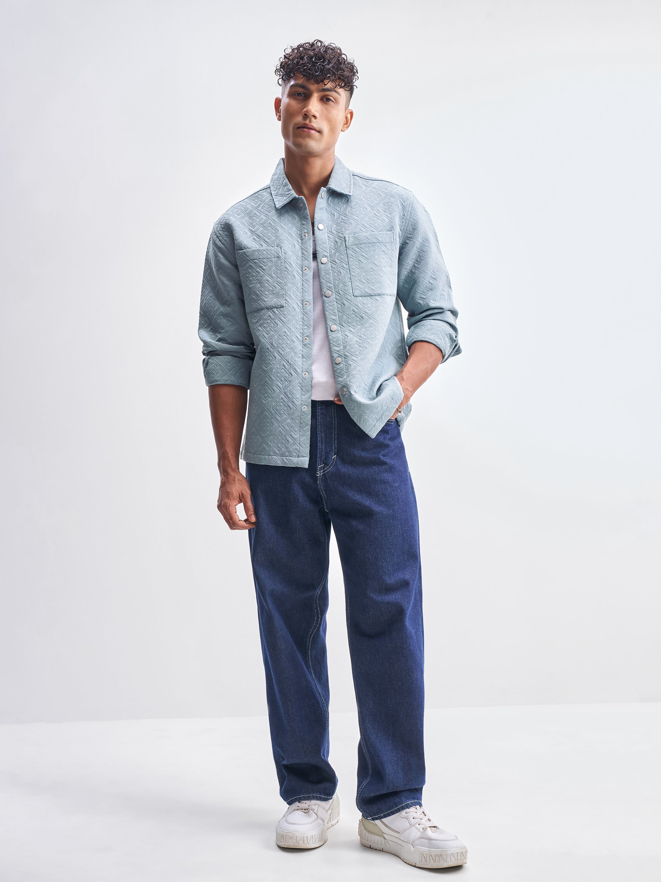 Highlander Men Blue Self Design Relaxed Fit Casual Shirt - Blue - Image 2