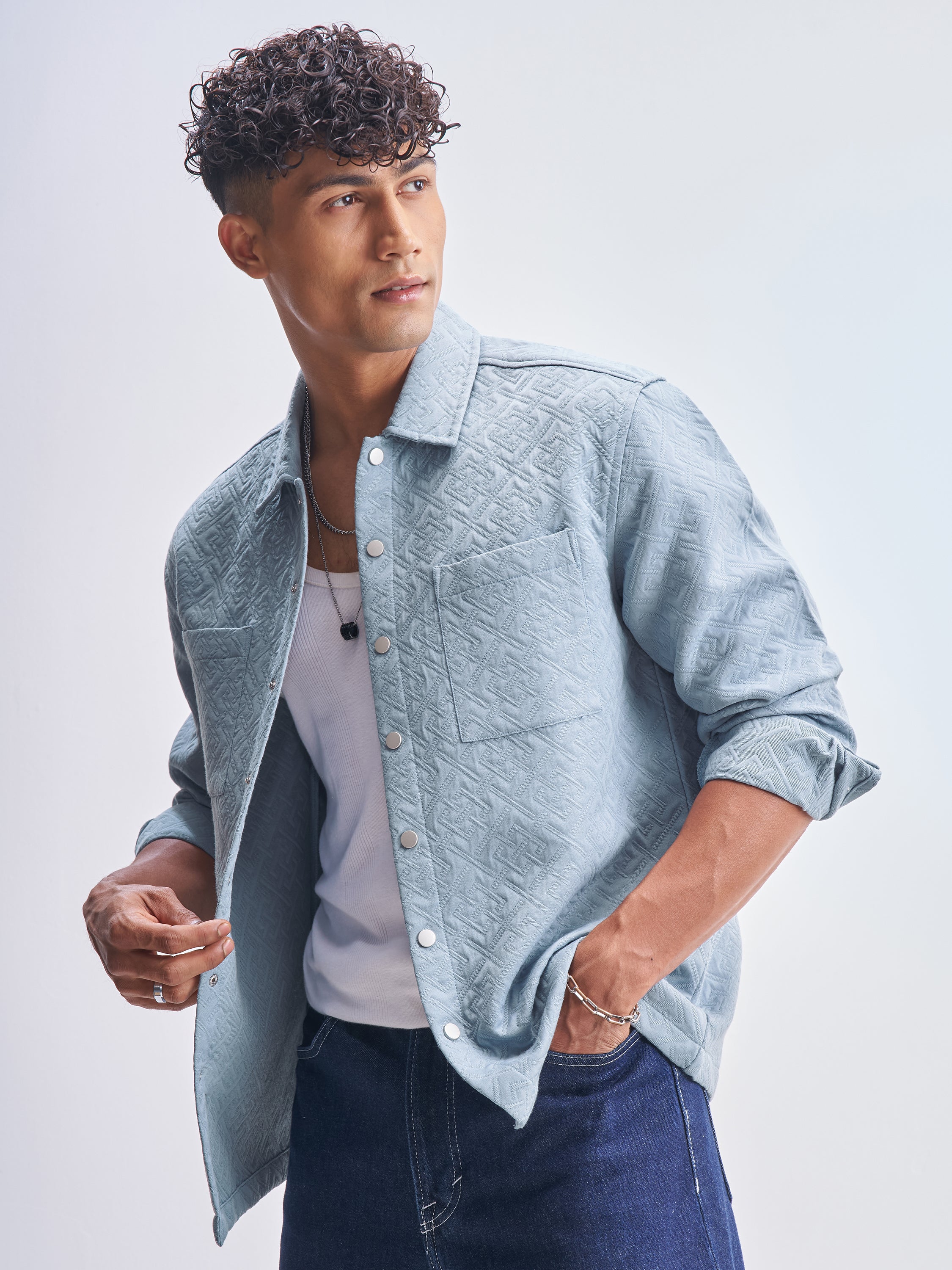 Highlander Men Blue Self Design Relaxed Fit Casual Shirt - Blue - Image 4