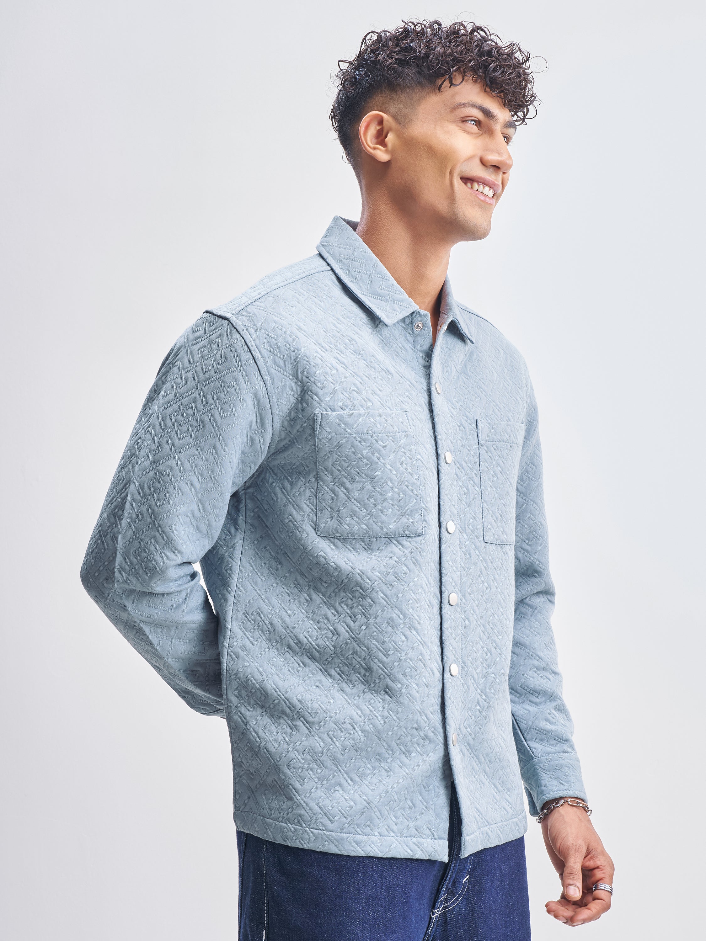 Highlander Men Blue Self Design Relaxed Fit Casual Shirt - Blue - Image 6