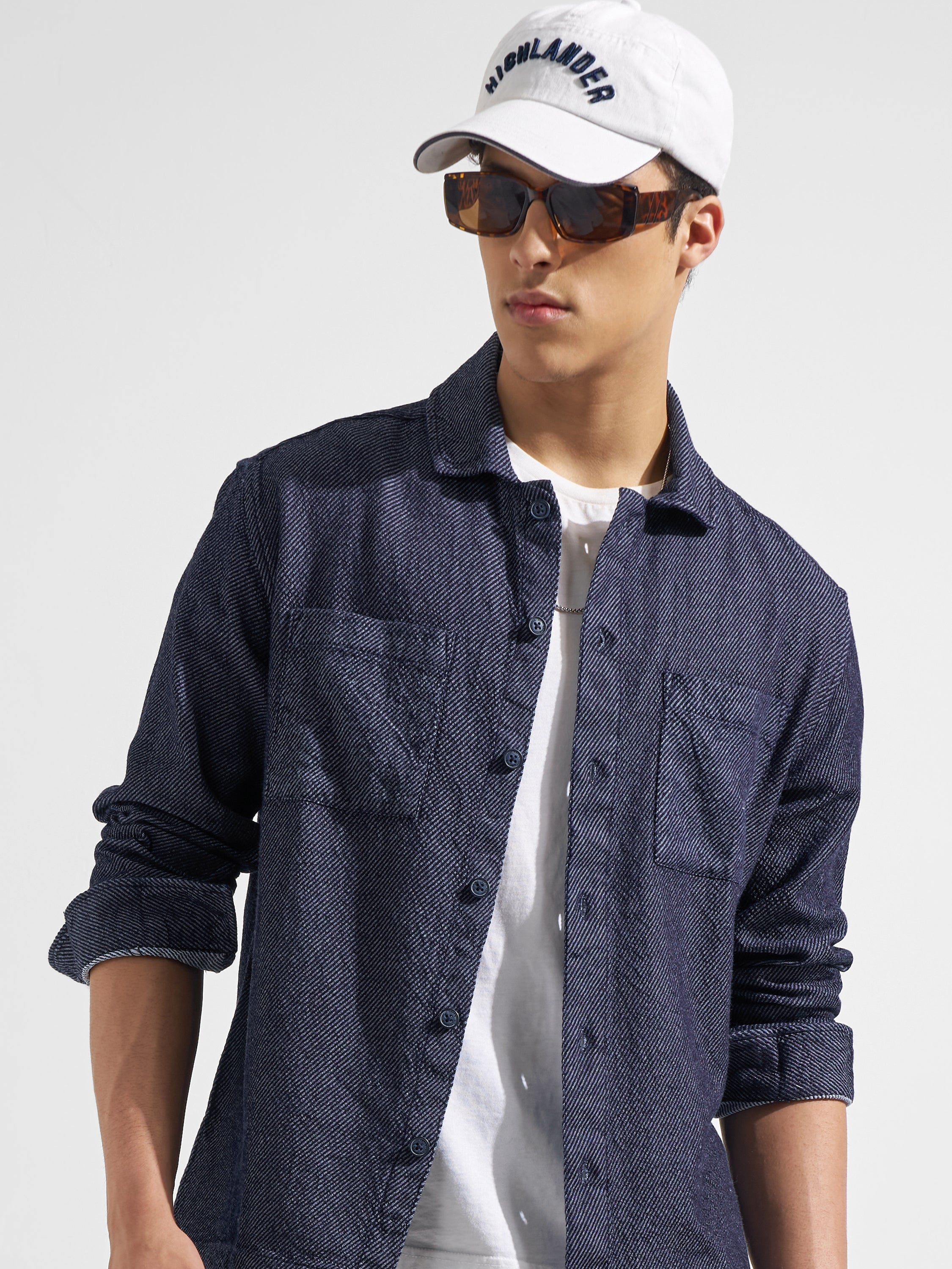 Highlander Men Navy Blue Solid Relaxed Fit Casual Shirt