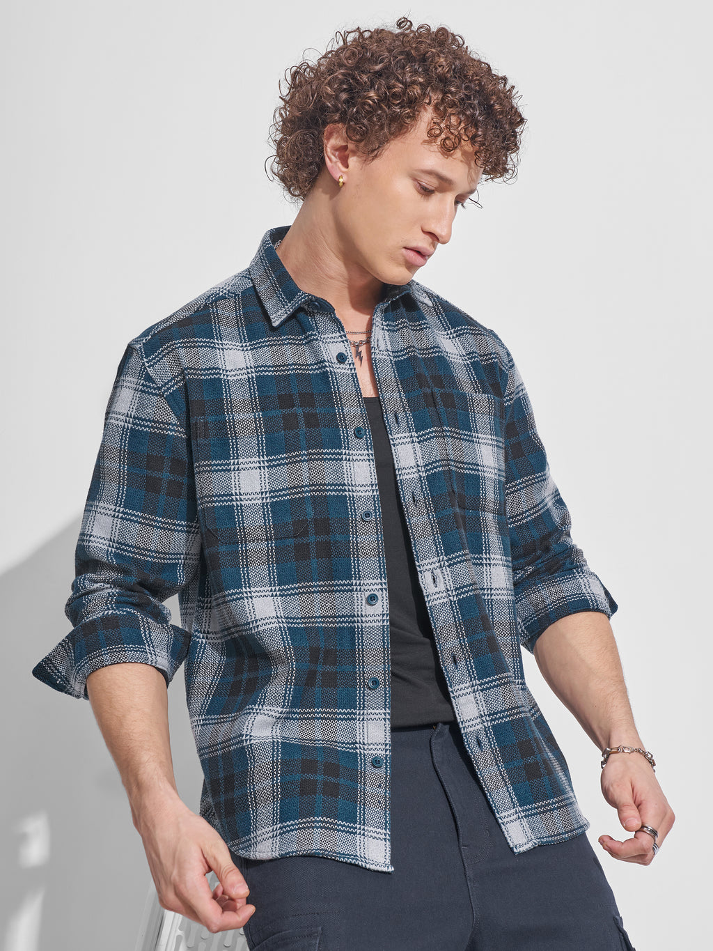 Highlander Men Teal Checked Relaxed Fit Casual Shirt - Teal - Image 1