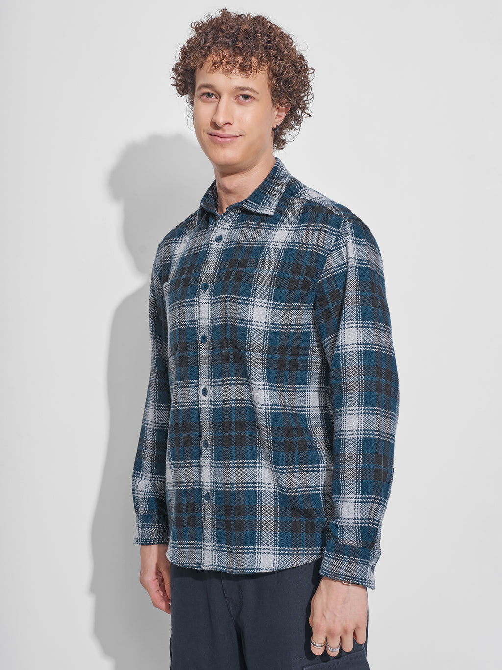 Highlander Men Teal Checked Relaxed Fit Casual Shirt - Teal - Image 4