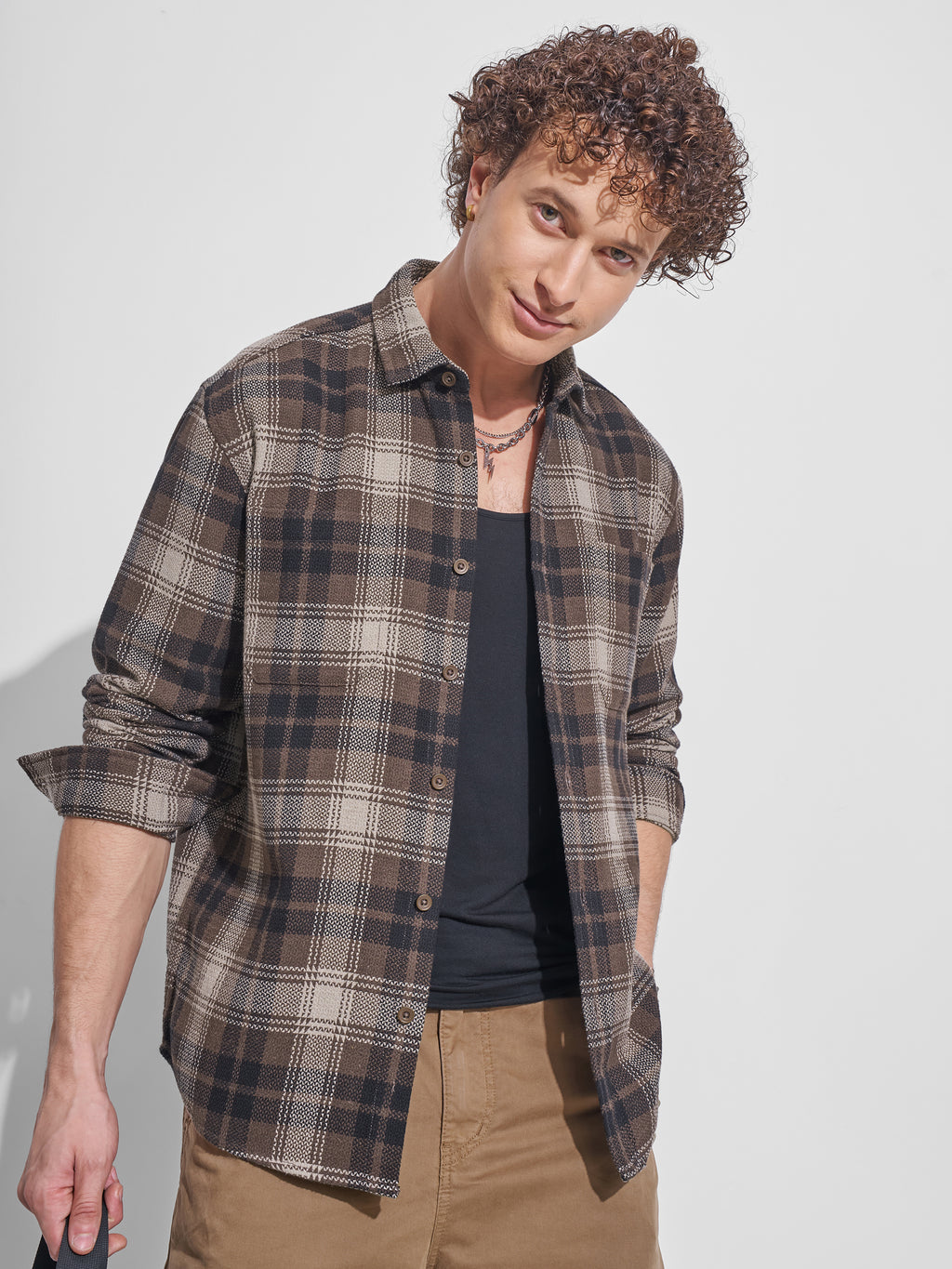 Highlander Men Brown Checked Relaxed Fit Casual Shirt - Brown - Image 1