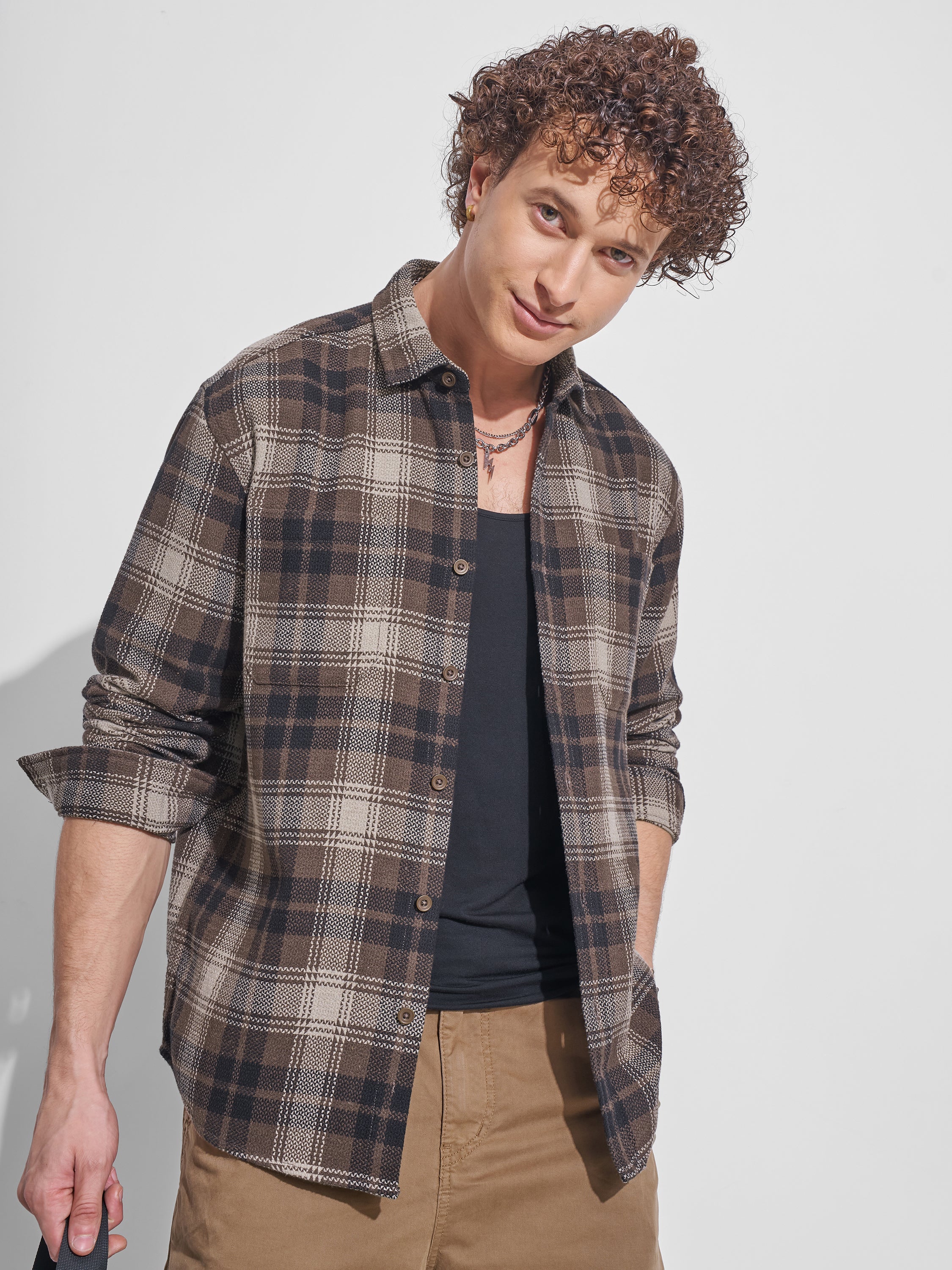 Highlander Men Brown Checked Relaxed Fit Casual Shirt - Brown - Image 1