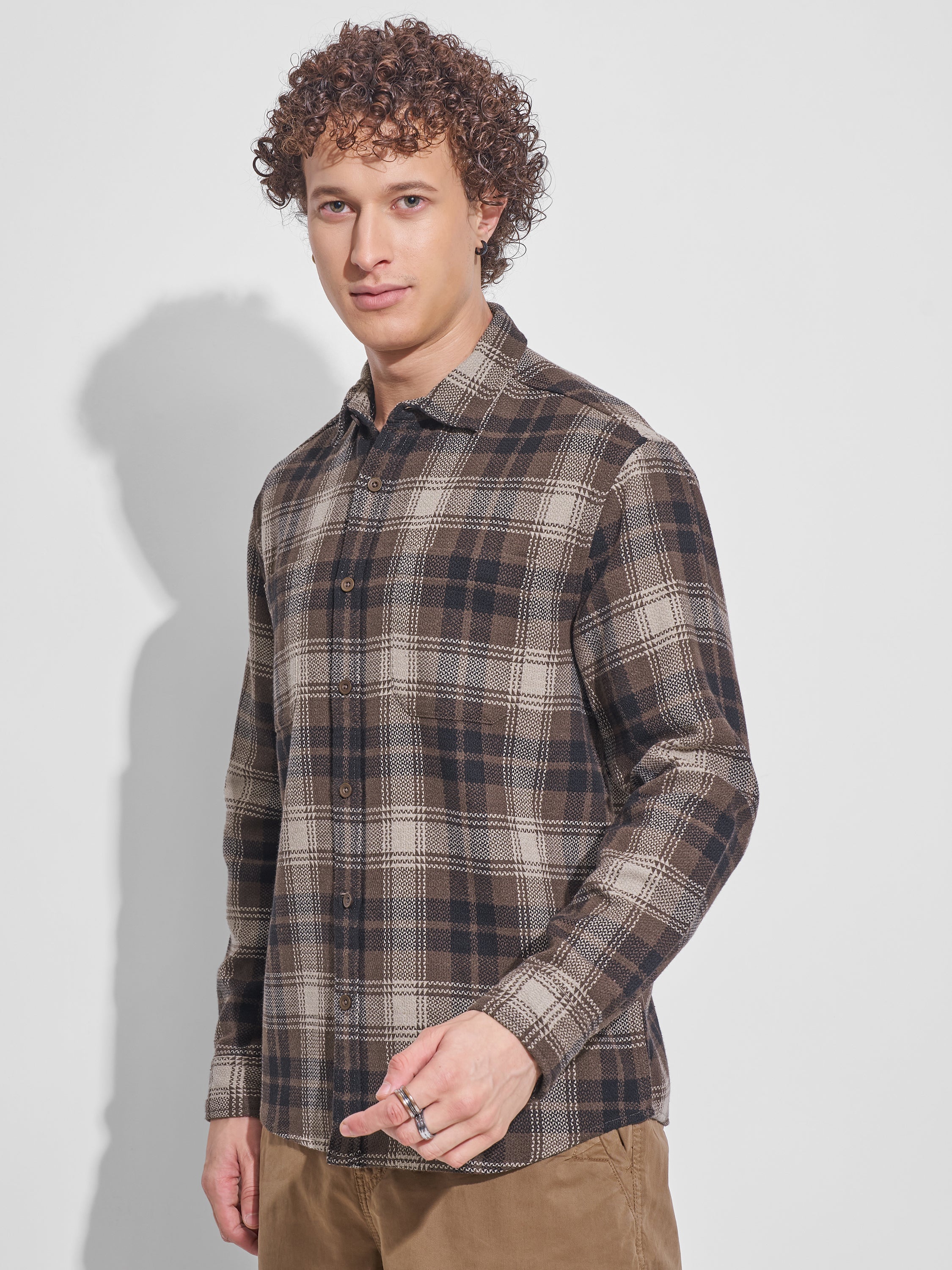 Highlander Men Brown Checked Relaxed Fit Casual Shirt - Brown - Image 4
