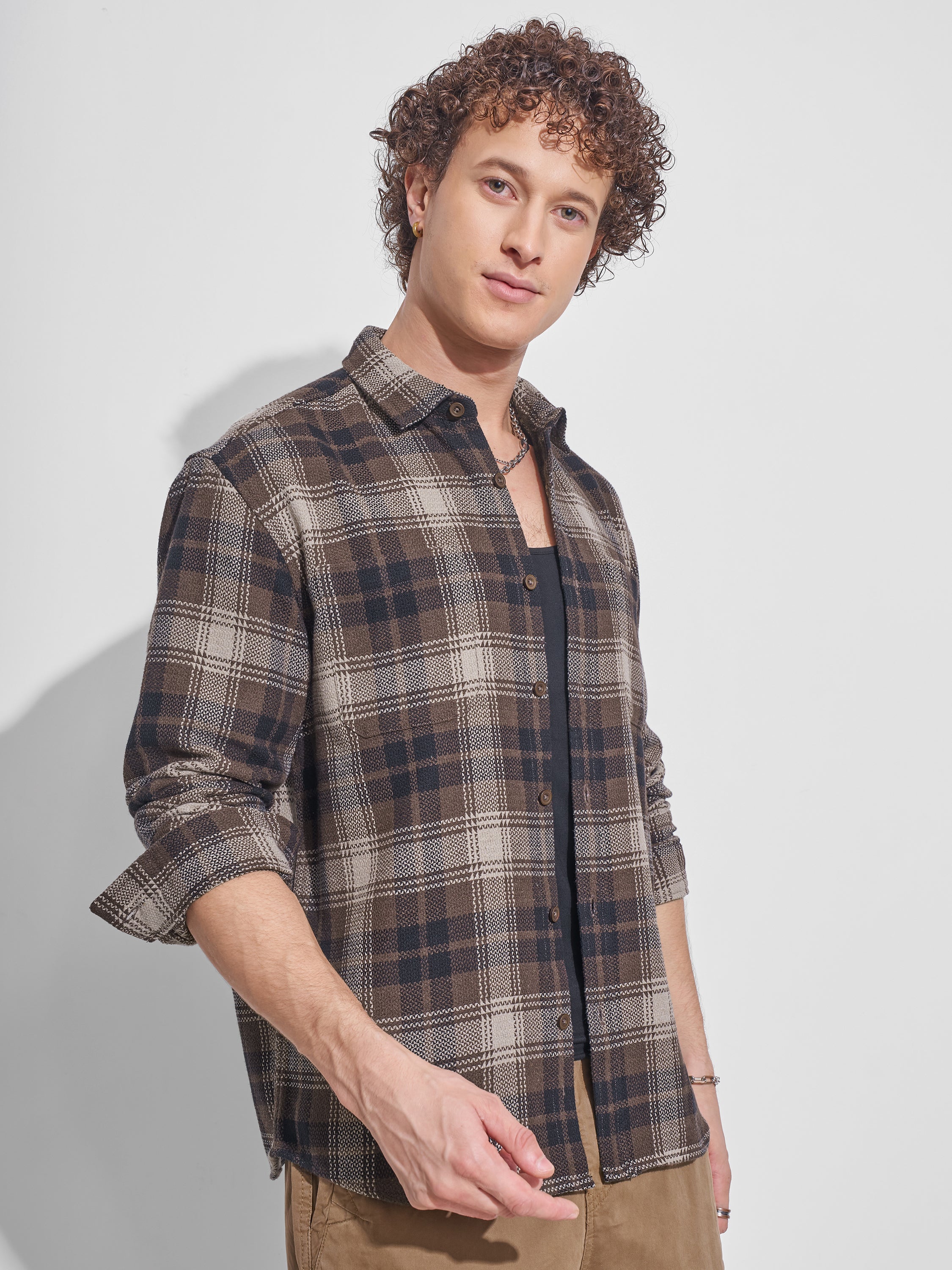 Highlander Men Brown Checked Relaxed Fit Casual Shirt - Brown - Image 6