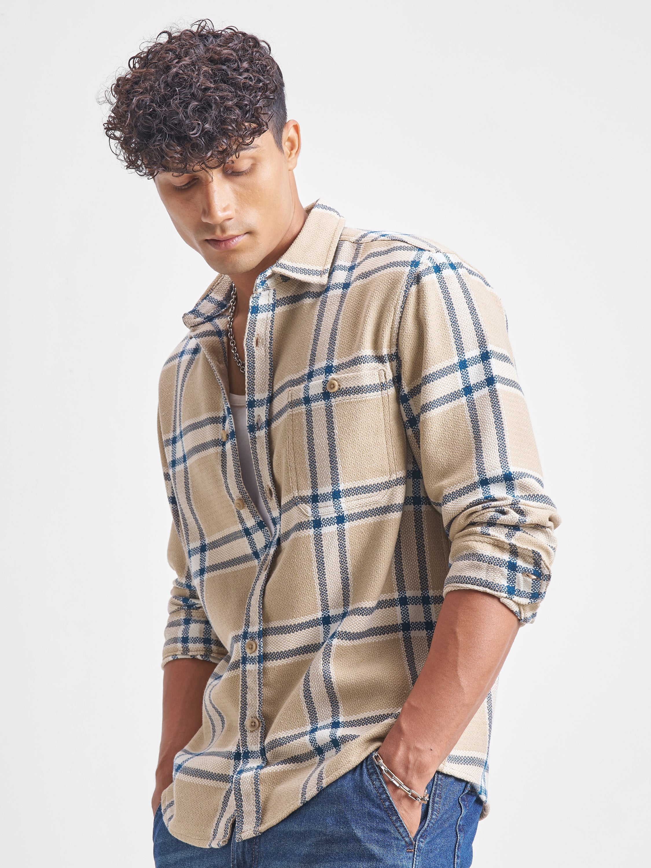 Highlander Men Beige Checked Relaxed Fit Casual Shirt - Beige - Image 4